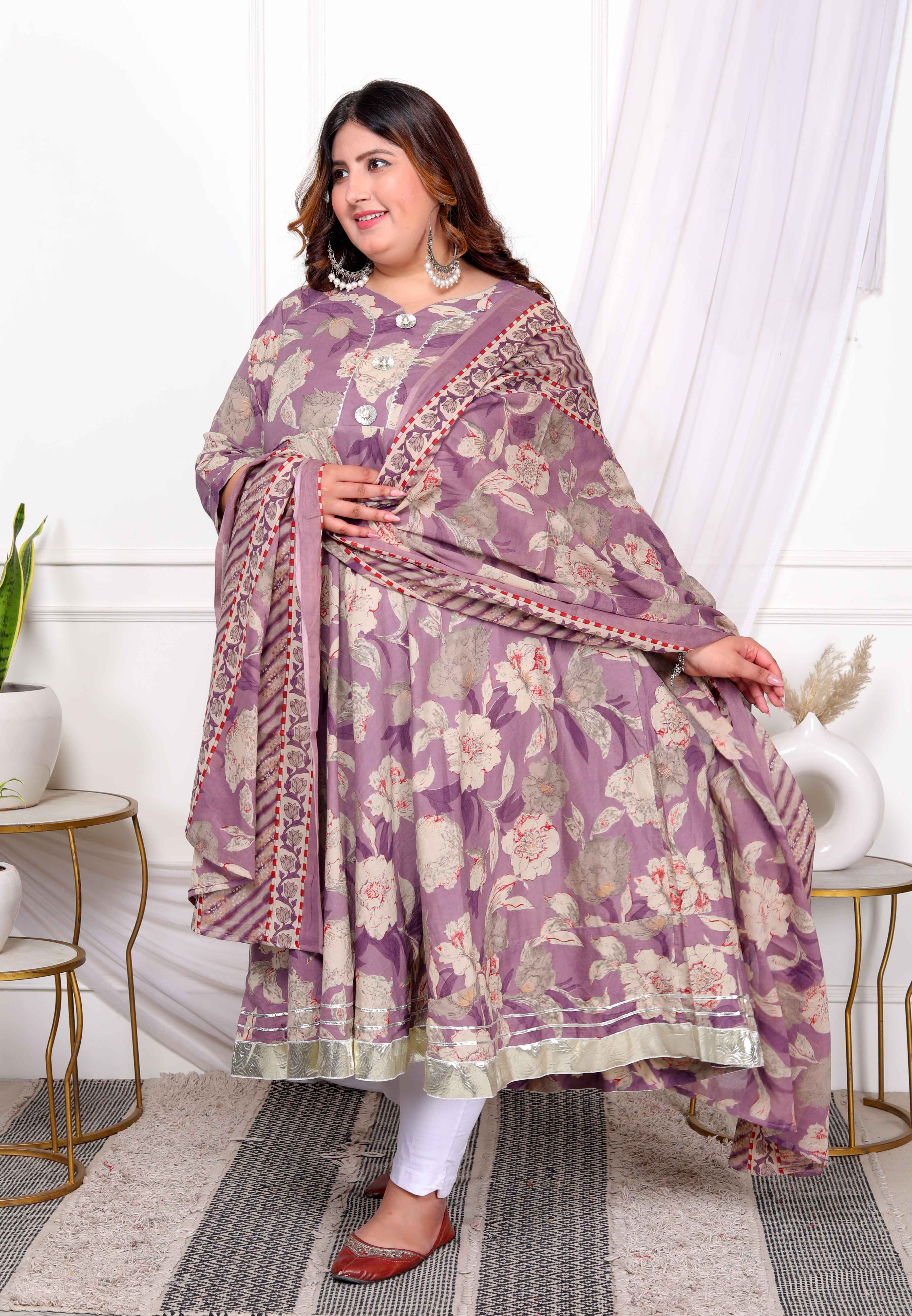 Purple Floral Gota Lace Cotton Anarkali Kurta with Dupatta Set