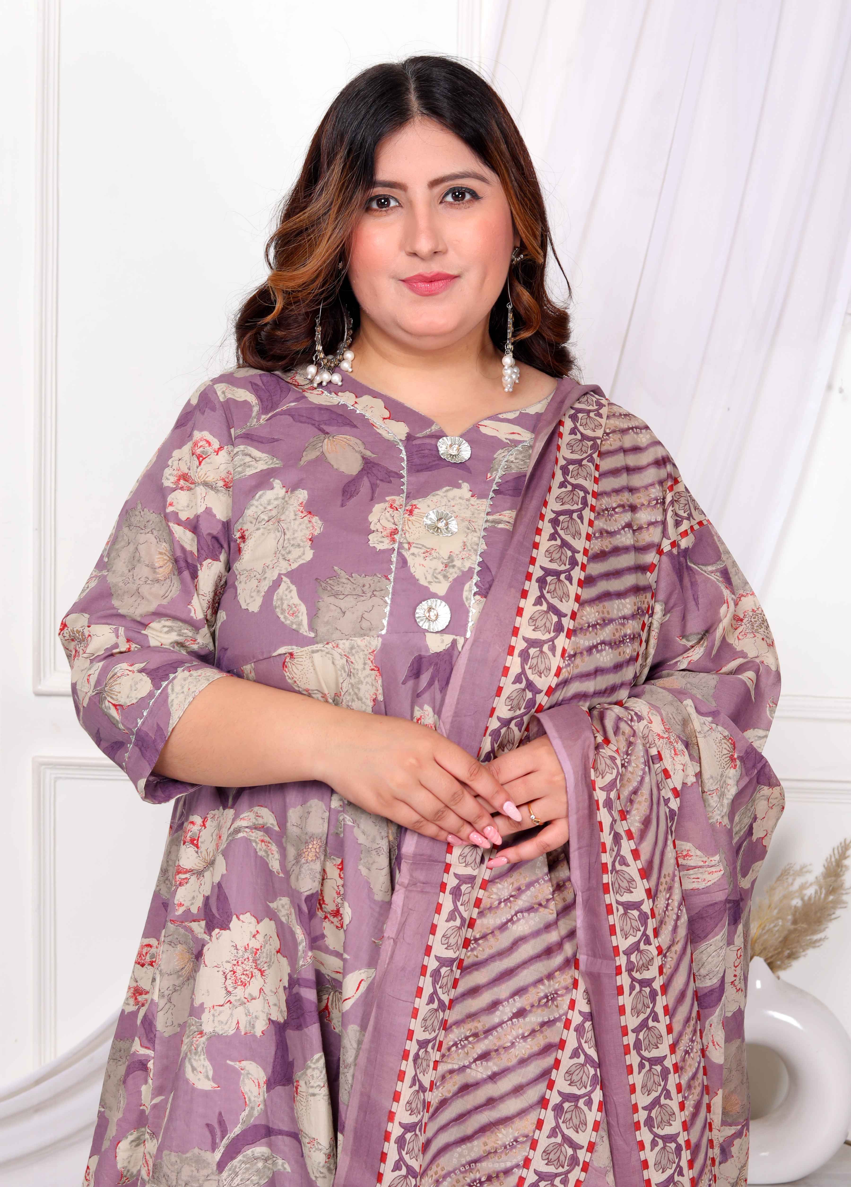 Purple Floral Gota Lace Cotton Anarkali Kurta with Dupatta Set