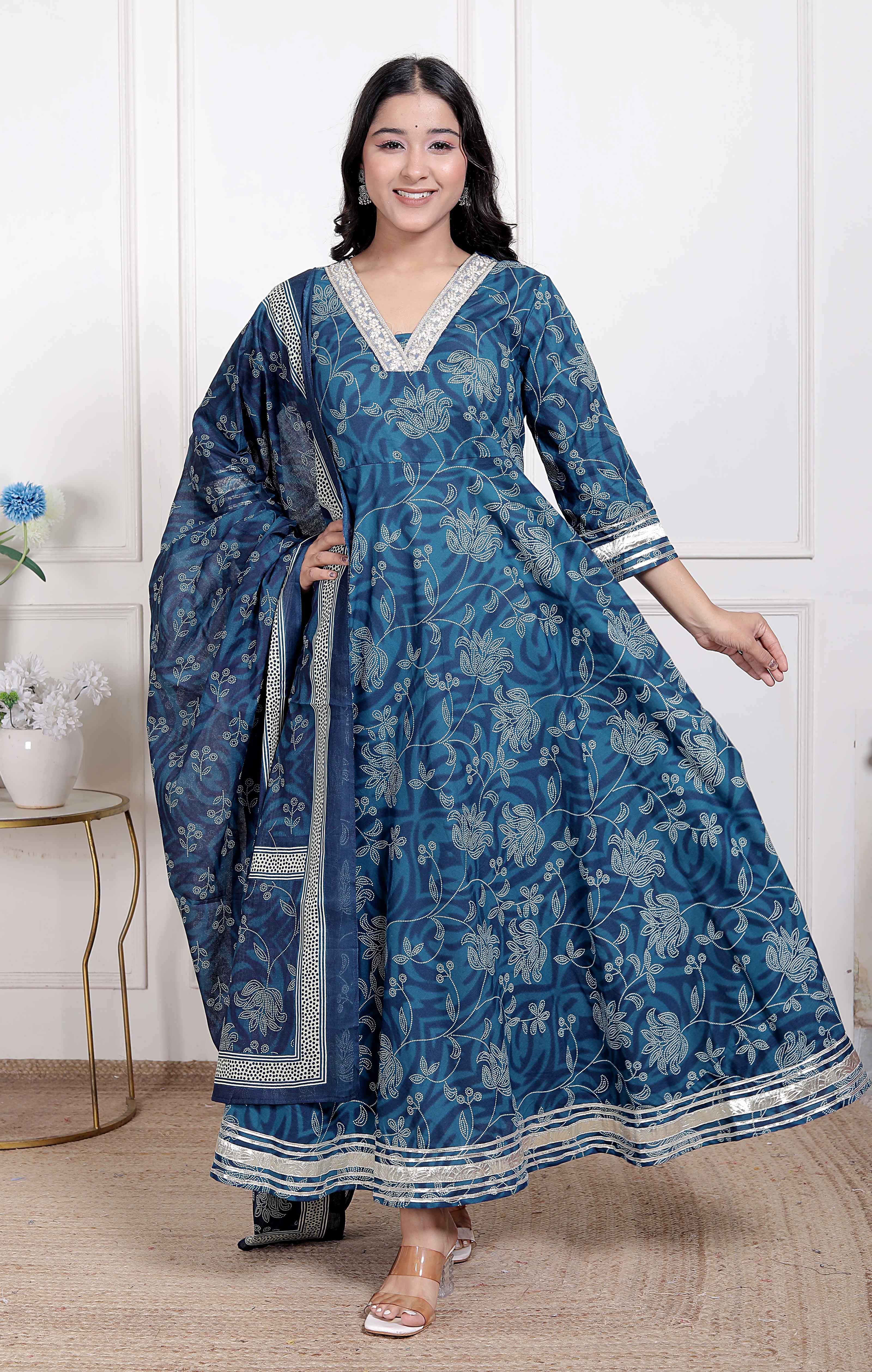 Blue Hand Block Printed Cotton Anarkali Kurta with Dupatta