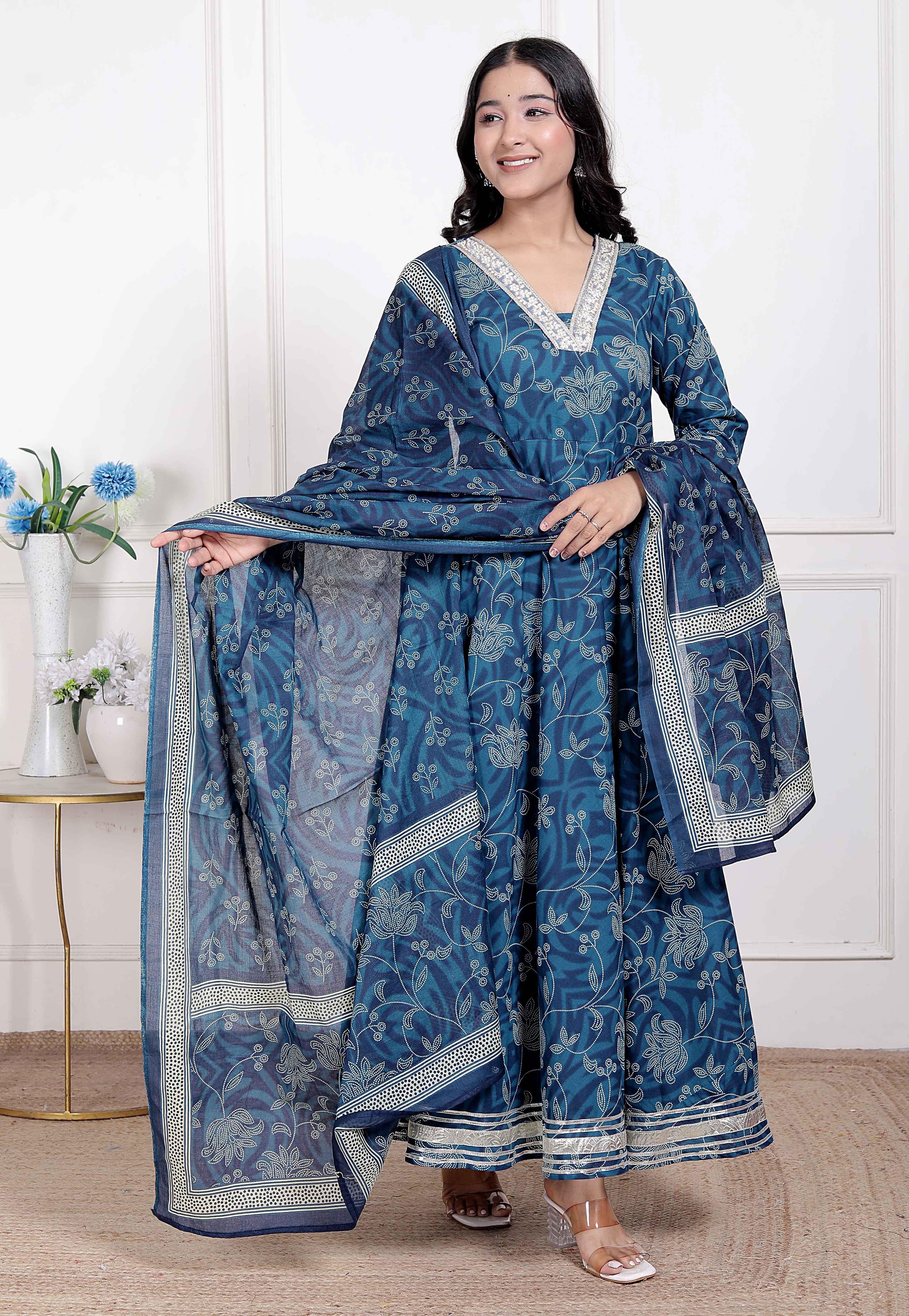 Blue Hand Block Printed Cotton Anarkali Kurta with Dupatta
