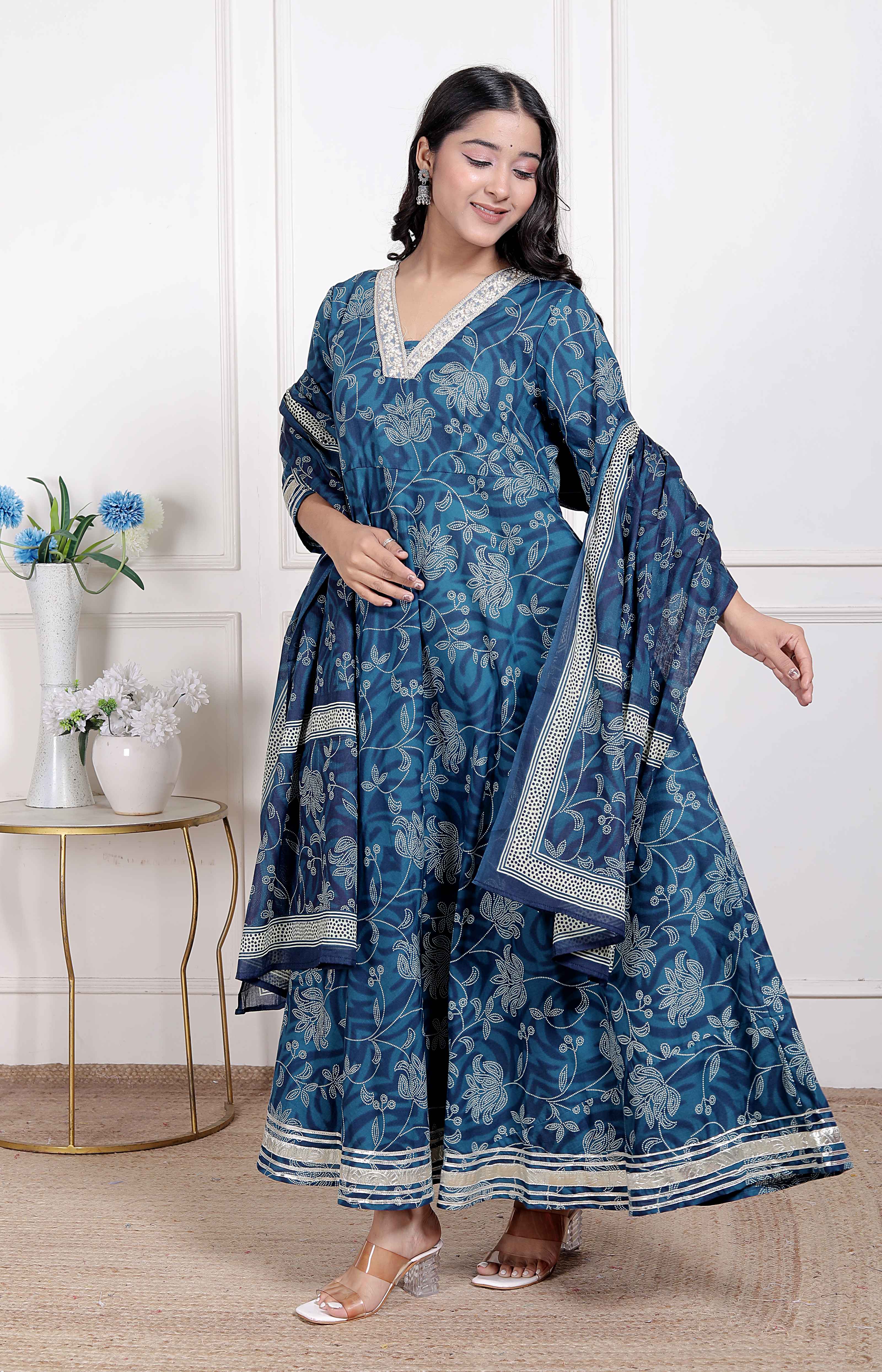 Blue Hand Block Printed Cotton Anarkali Kurta with Dupatta