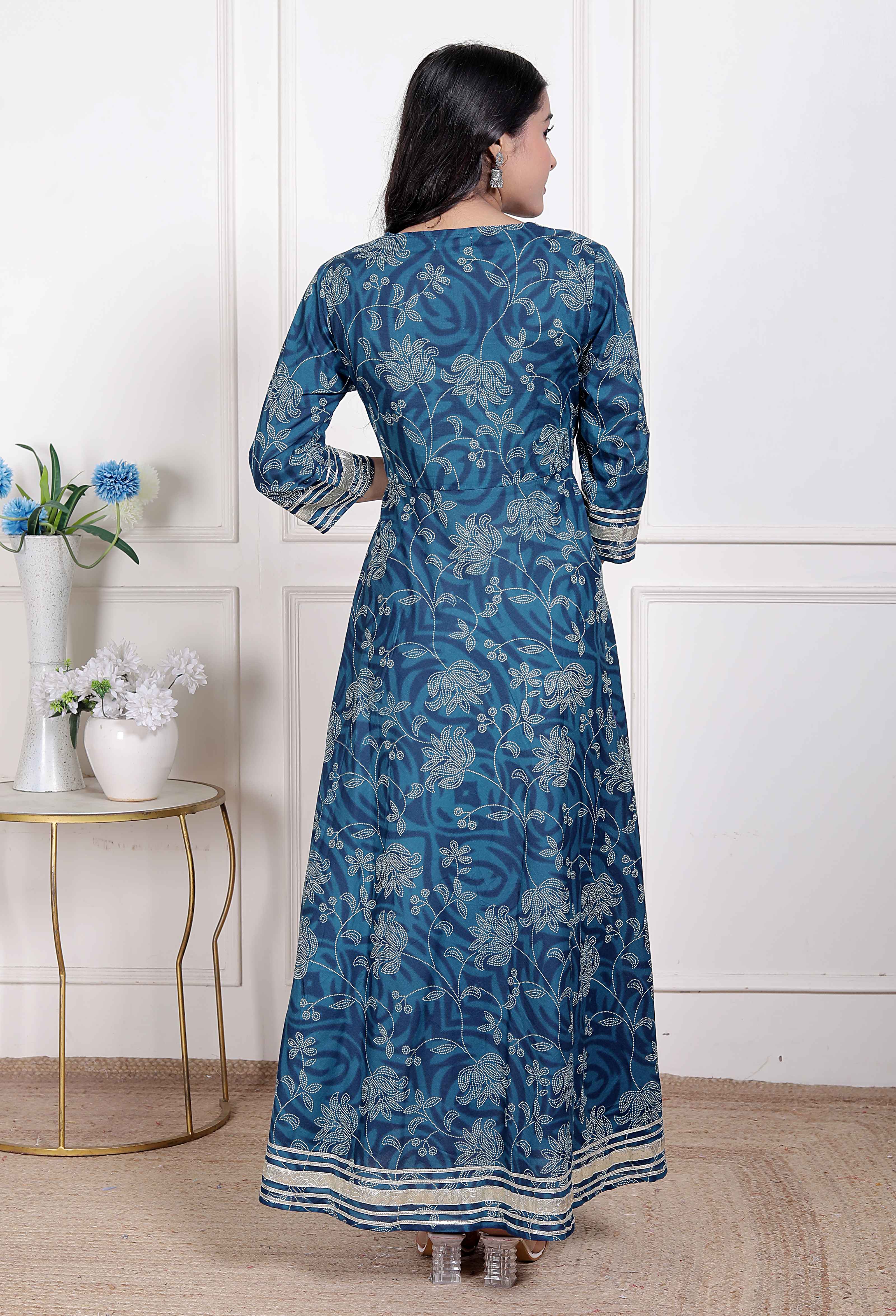 Blue Hand Block Printed Cotton Anarkali Kurta with Dupatta