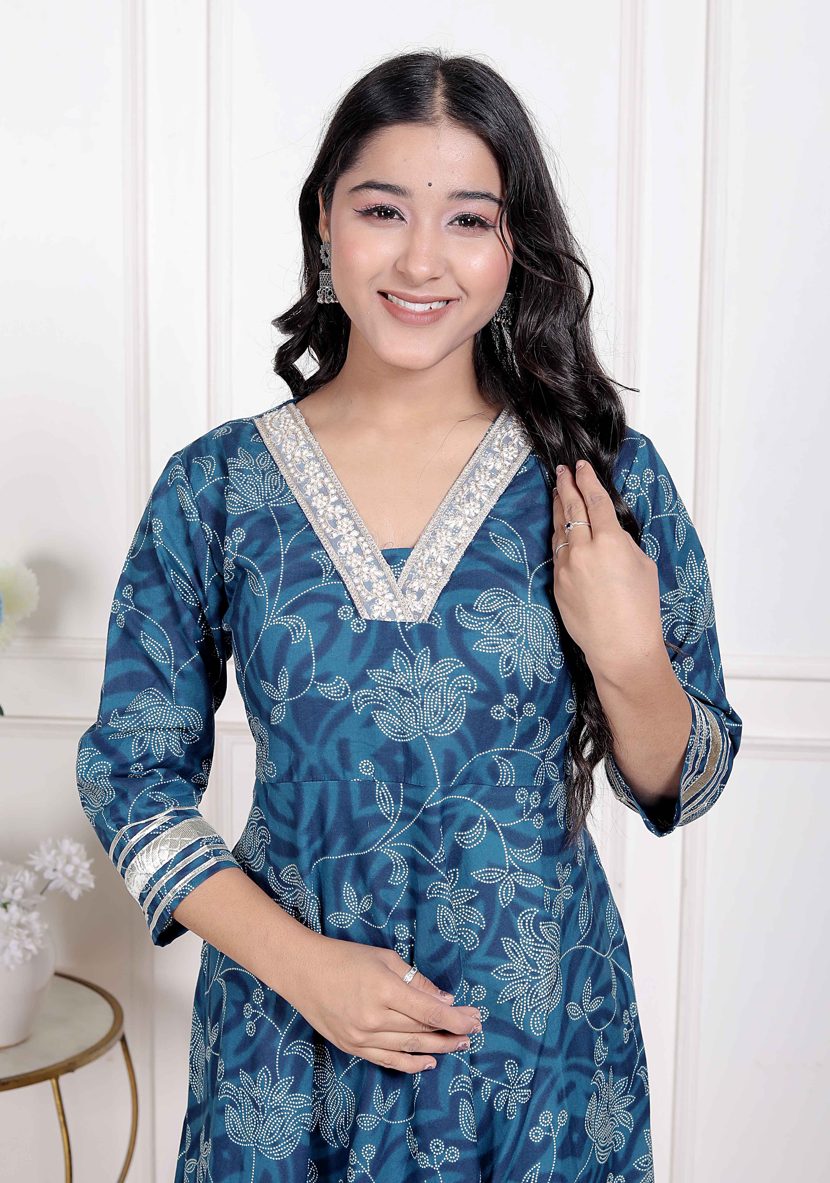 Blue Hand Block Printed Cotton Anarkali Kurta with Dupatta