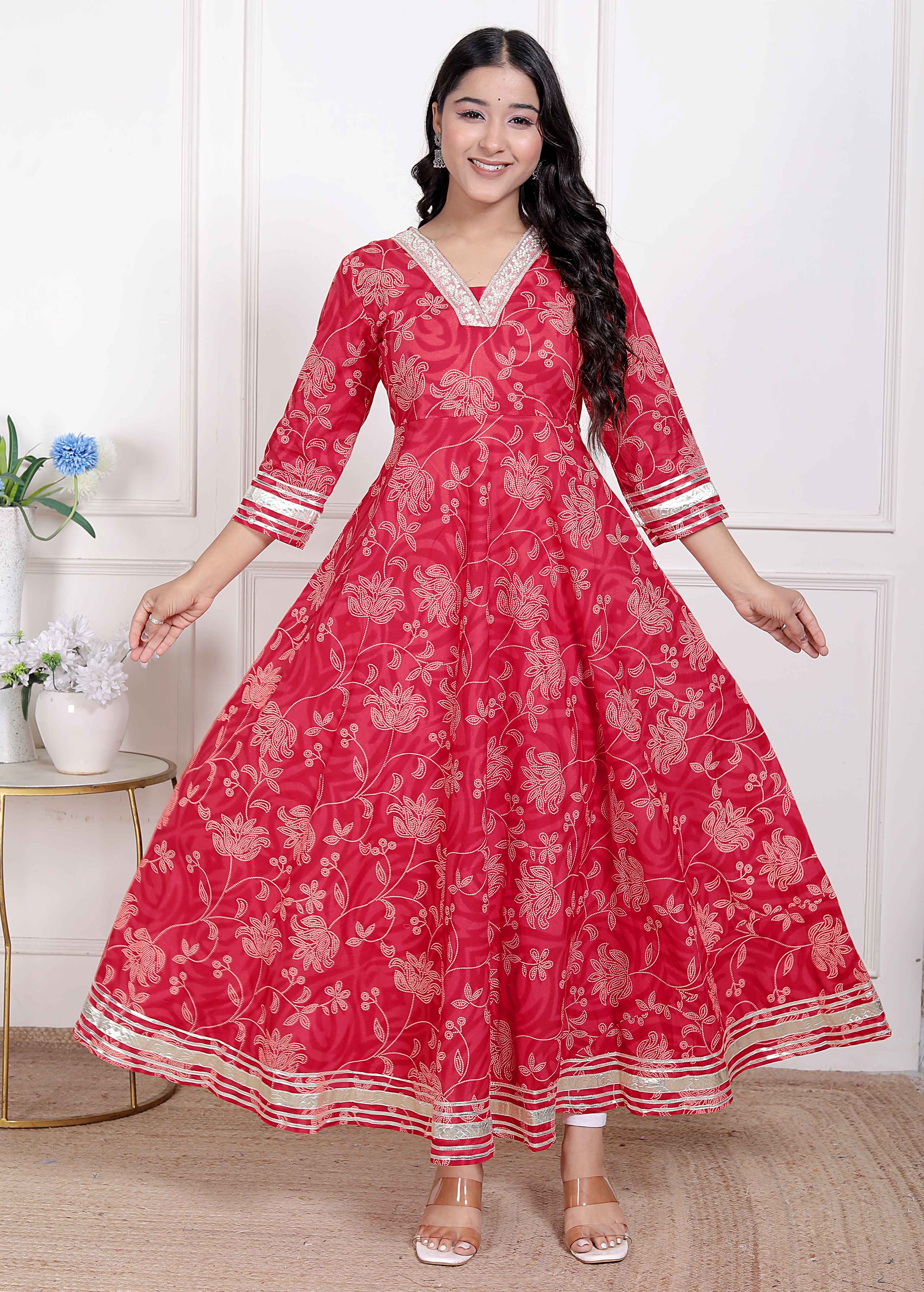 Red Jaipuri Printed Cotton Ethnic Anarkali Kurta