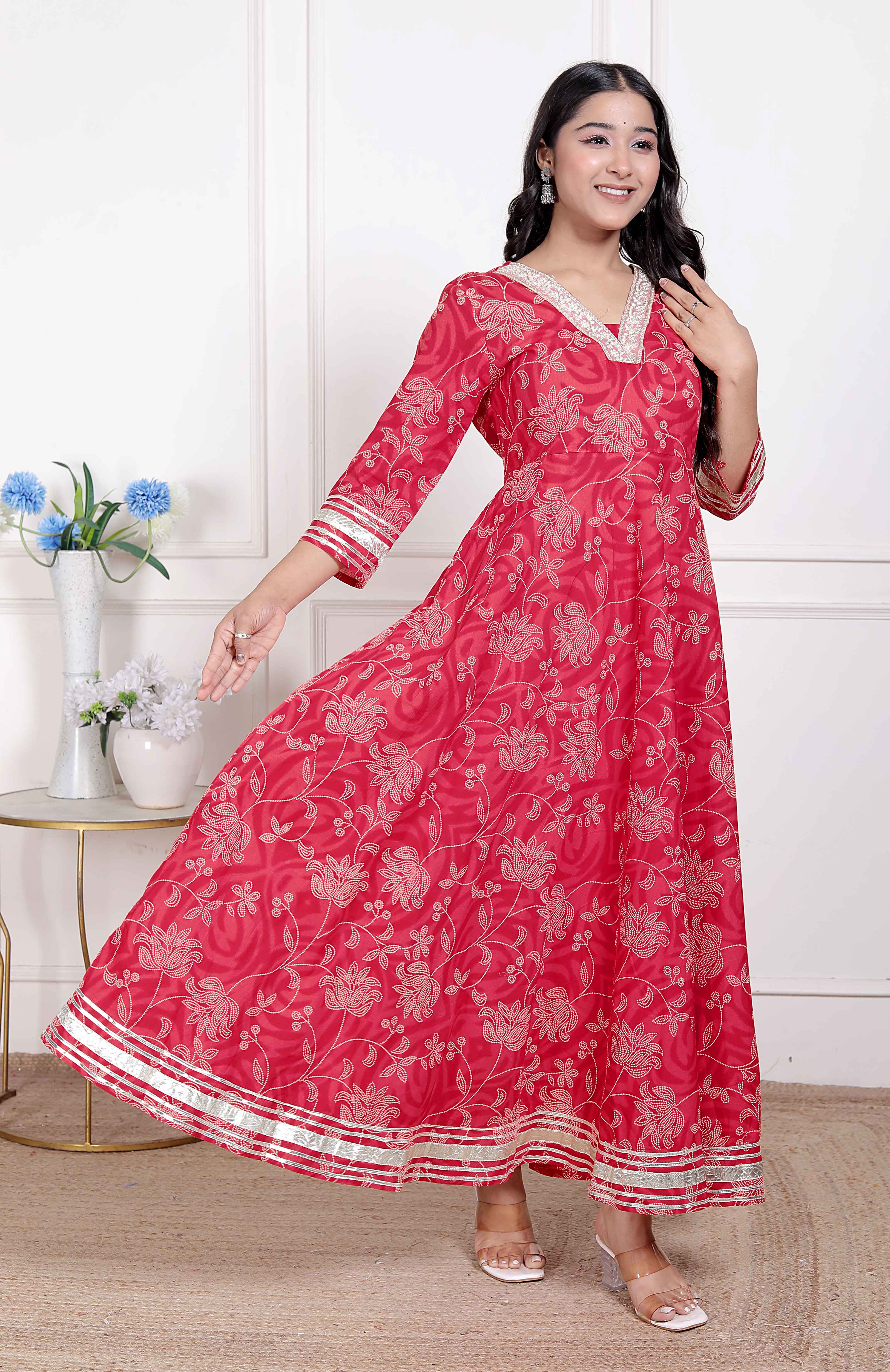Red Jaipuri Printed Cotton Ethnic Anarkali Kurta