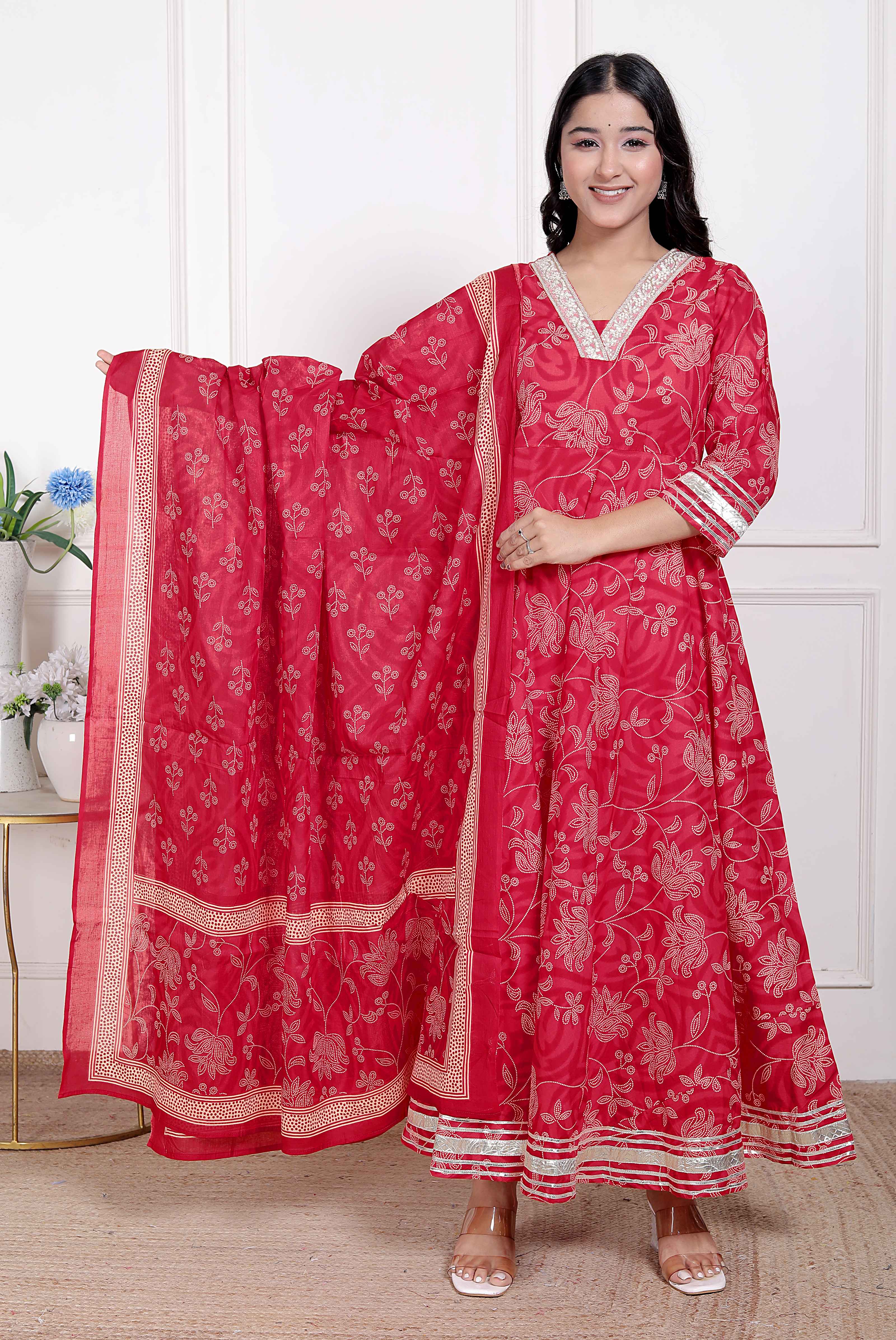 Elegant Red Embroidered Cotton Anarkali Kurta with Dupatta