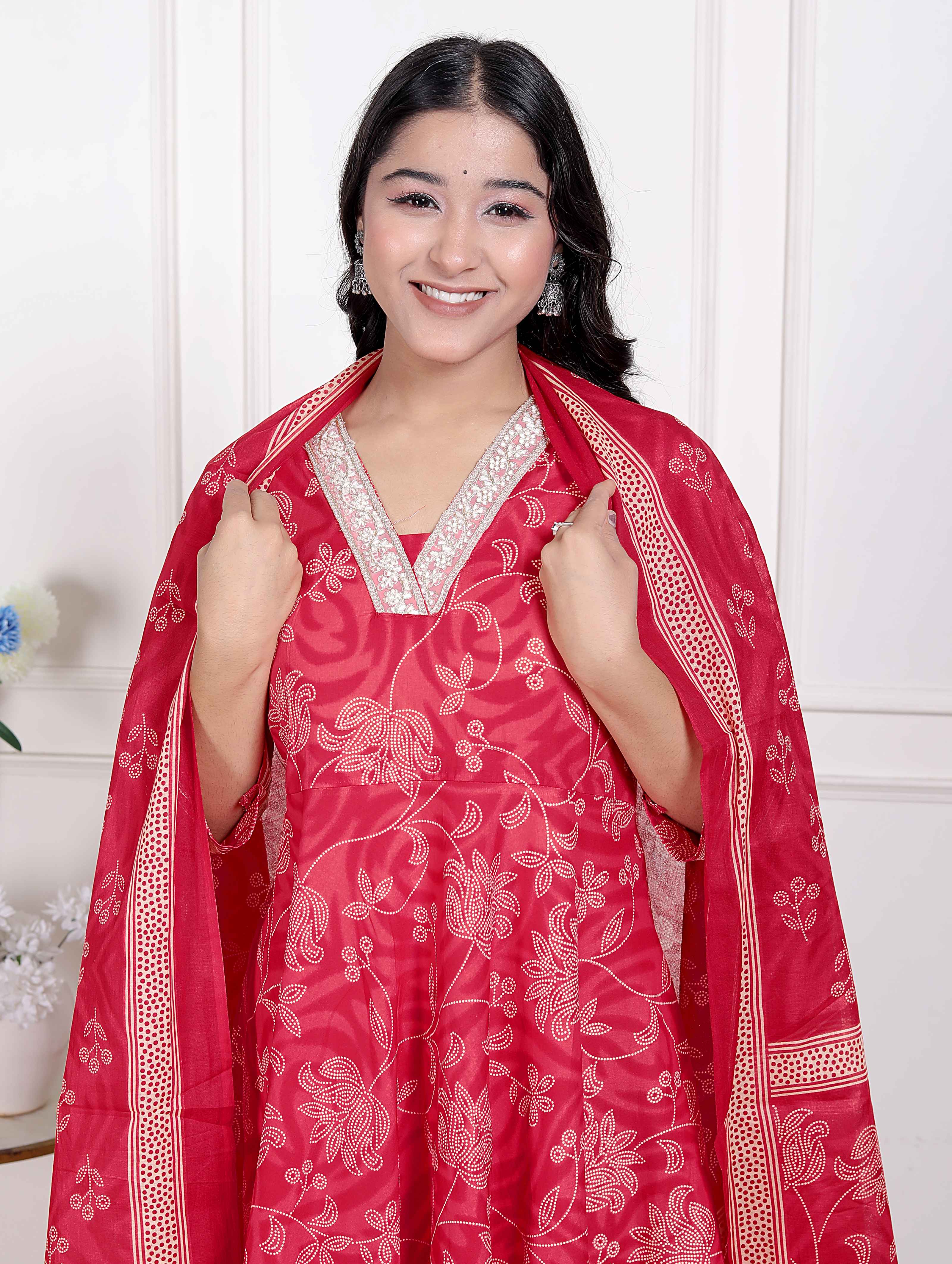 Elegant Red Embroidered Cotton Anarkali Kurta with Dupatta