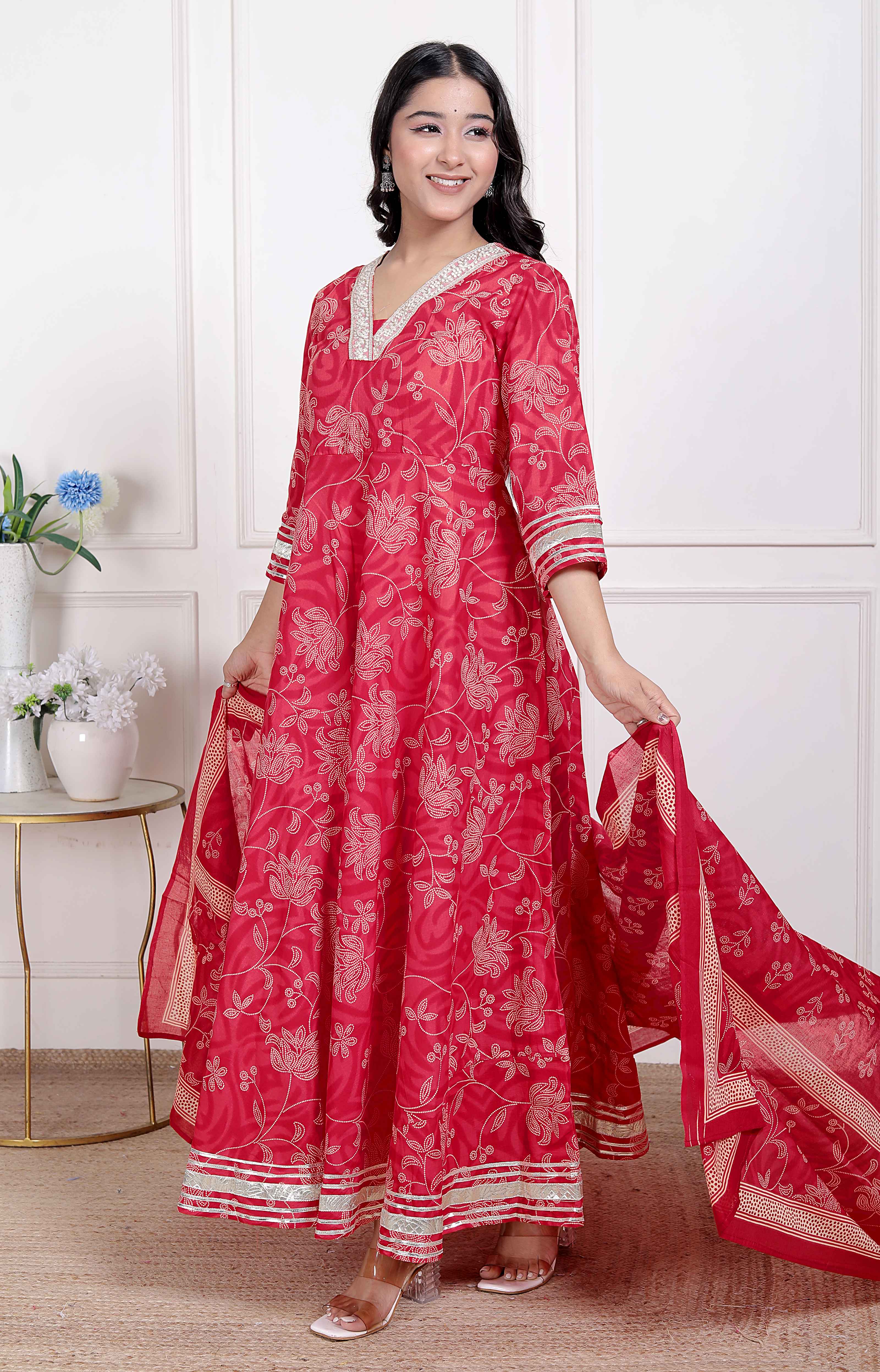 Elegant Red Embroidered Cotton Anarkali Kurta with Dupatta