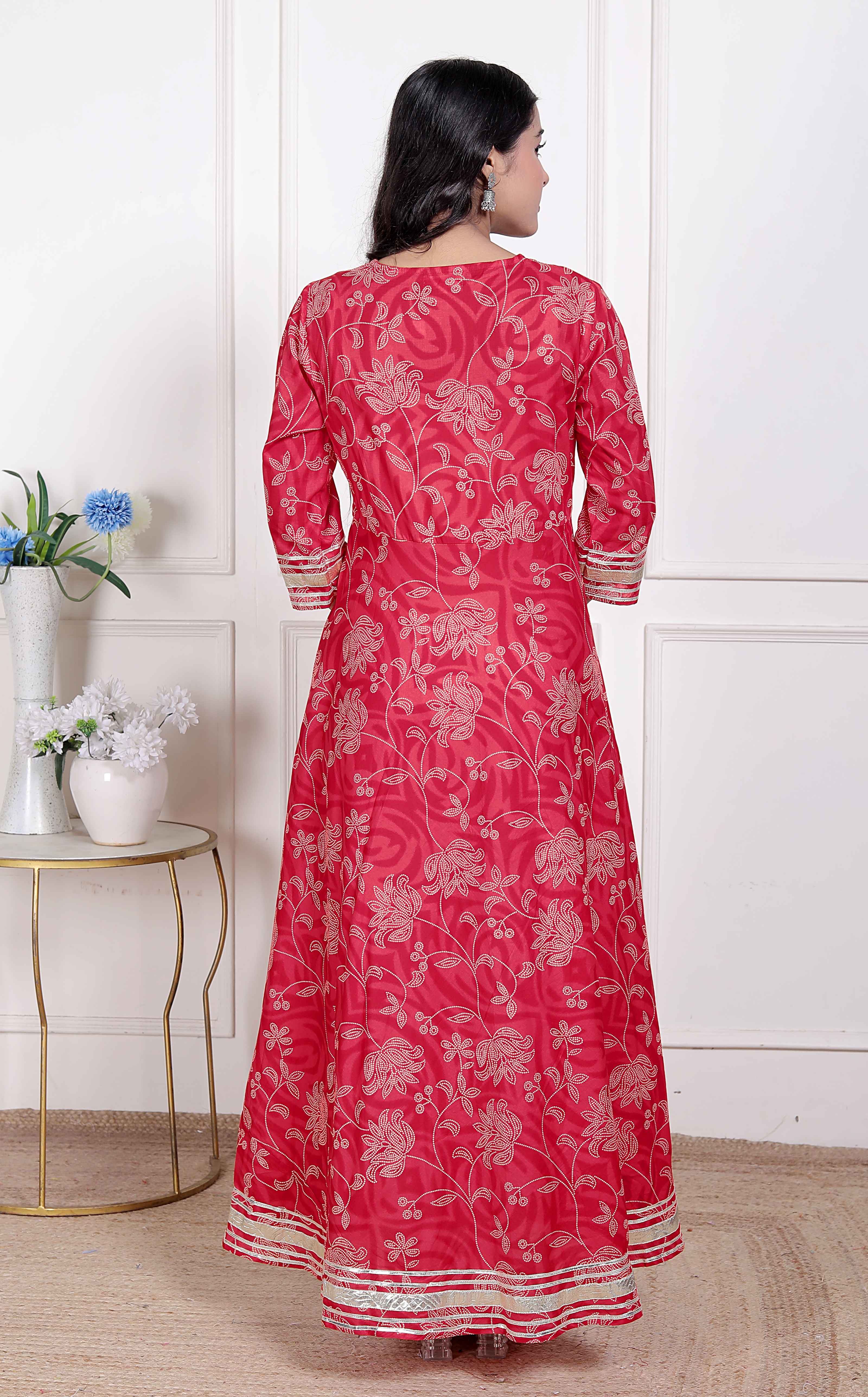 Elegant Red Embroidered Cotton Anarkali Kurta with Dupatta