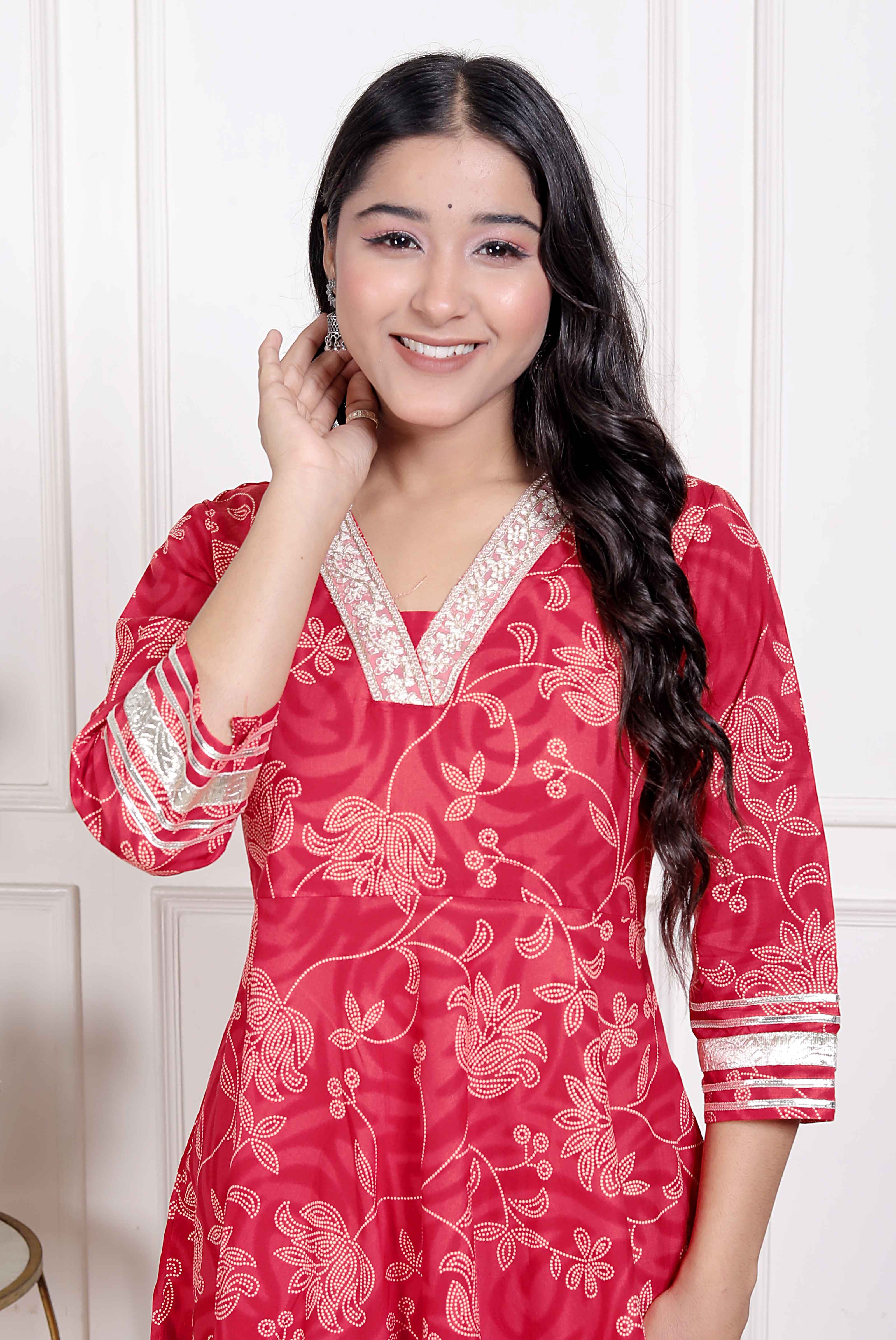 Elegant Red Embroidered Cotton Anarkali Kurta with Dupatta
