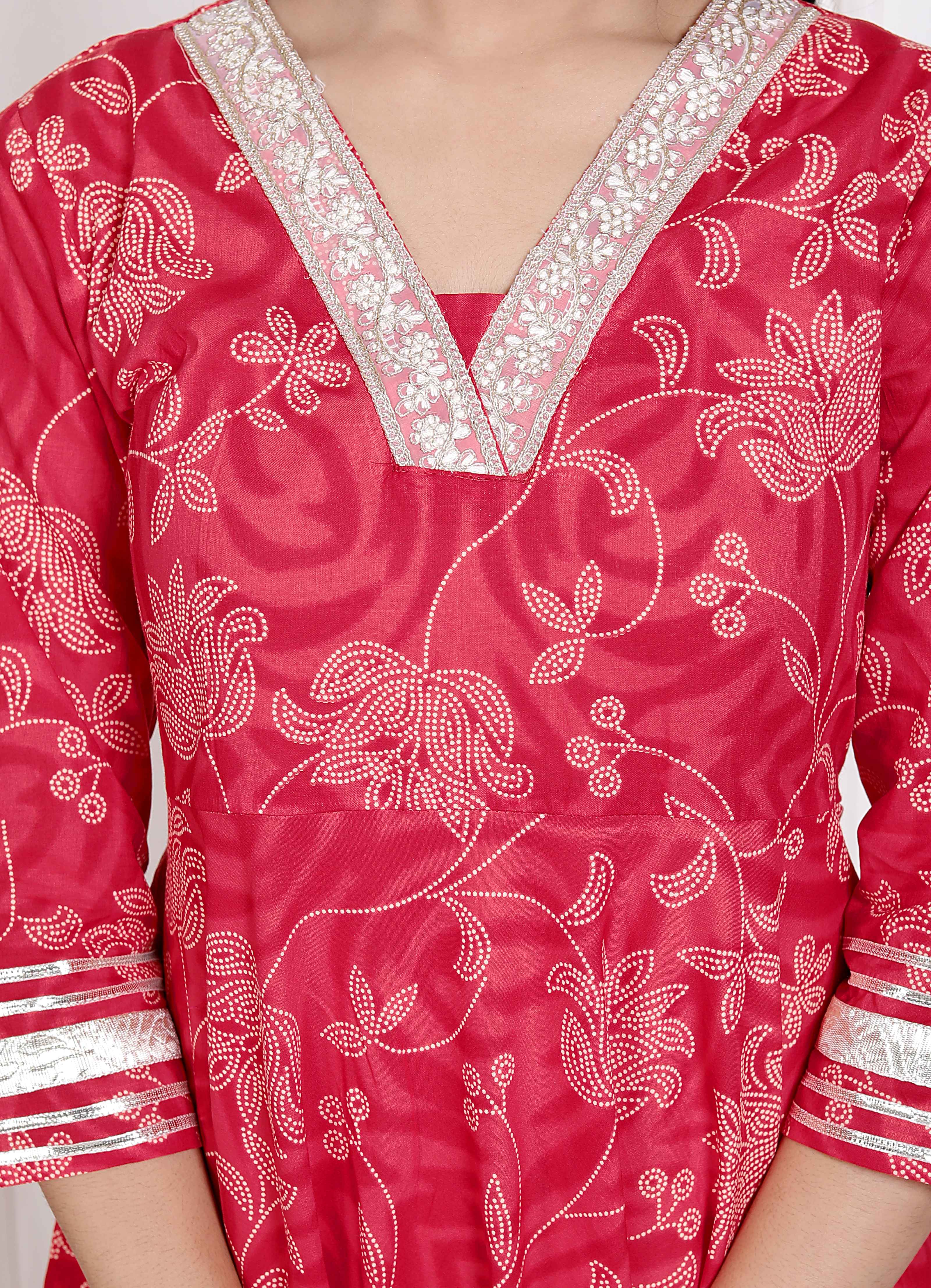 Elegant Red Embroidered Cotton Anarkali Kurta with Dupatta