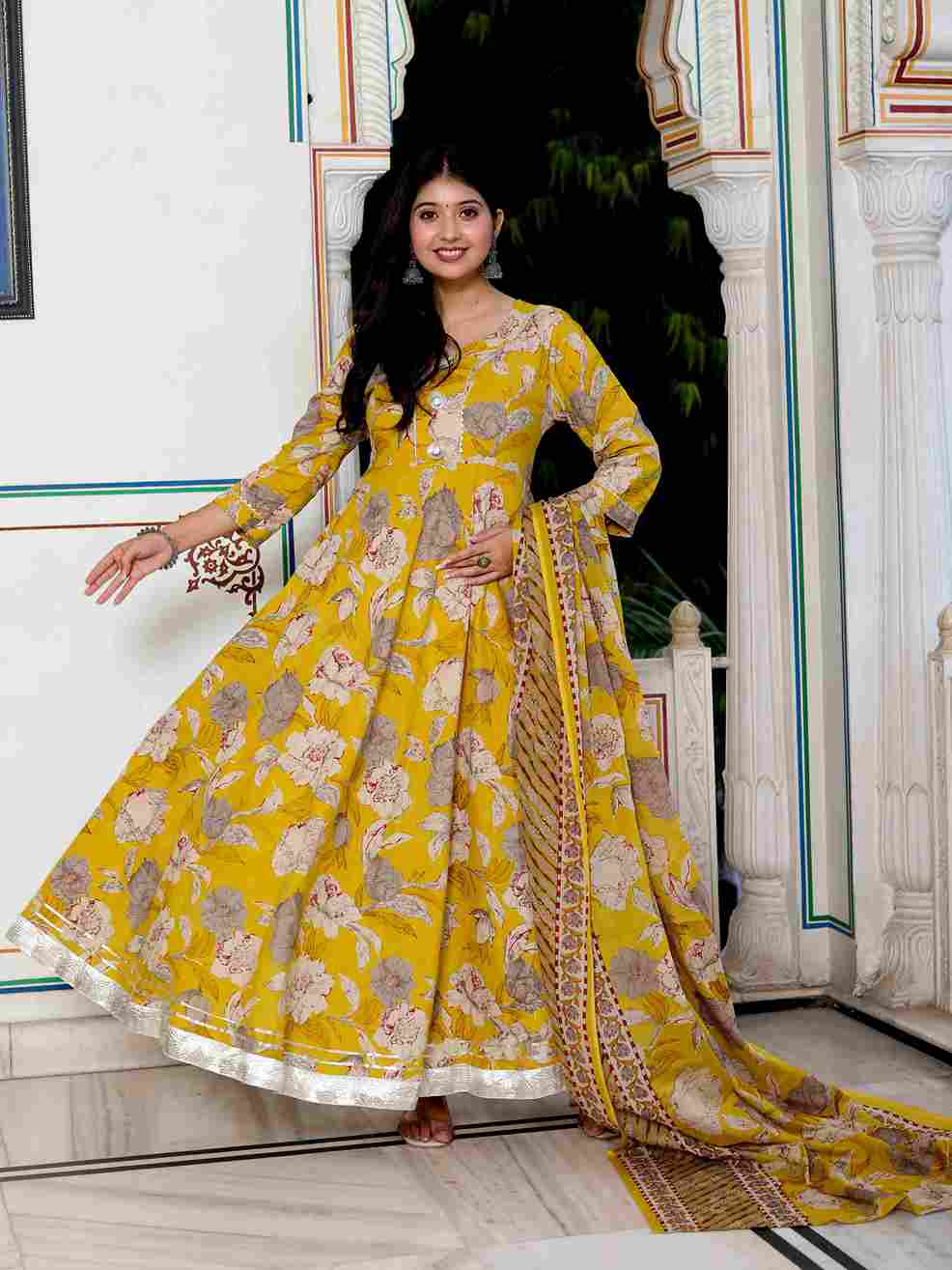 Yellow Cotton Anarkali Kurta and Dupatta Set with Gotapatti & Lace Border – Rajasthani Inspired Party Wear
