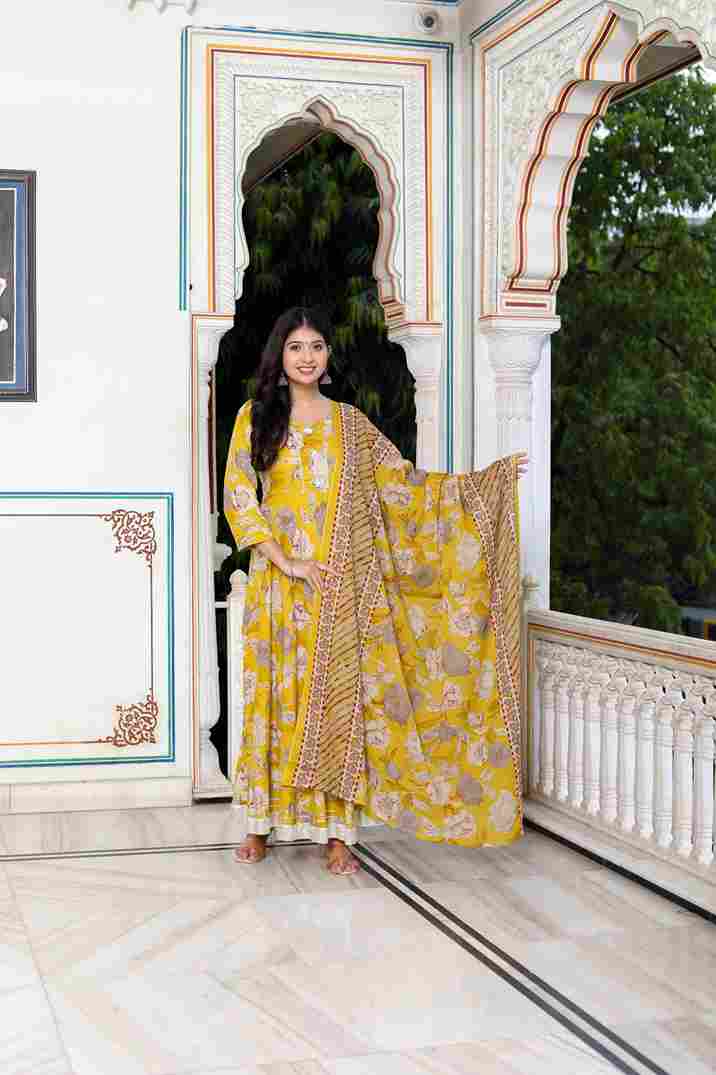Yellow Cotton Anarkali Kurta and Dupatta Set with Gotapatti & Lace Border – Rajasthani Inspired Party Wear