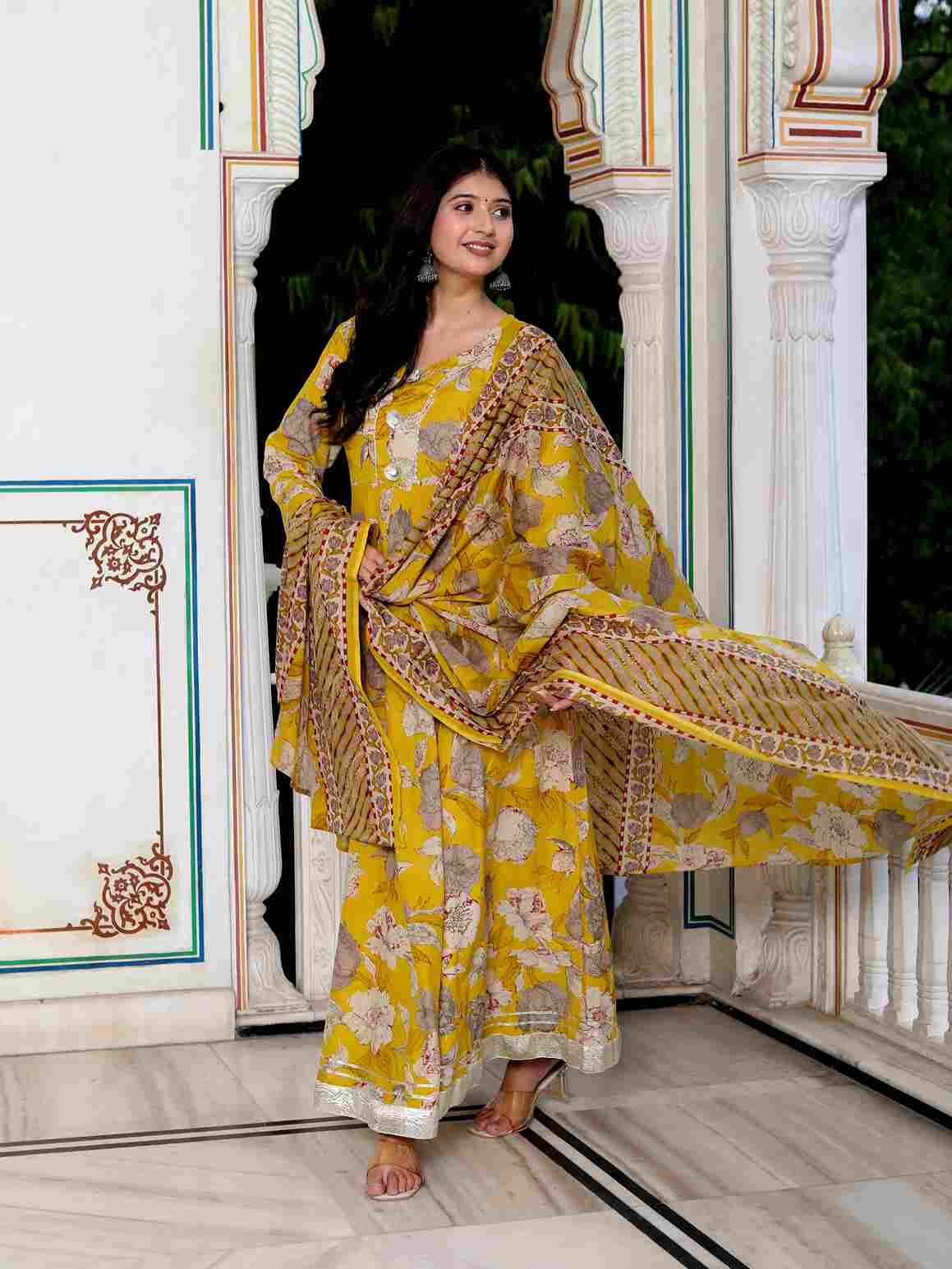 Yellow Cotton Anarkali Kurta and Dupatta Set with Gotapatti & Lace Border – Rajasthani Inspired Party Wear