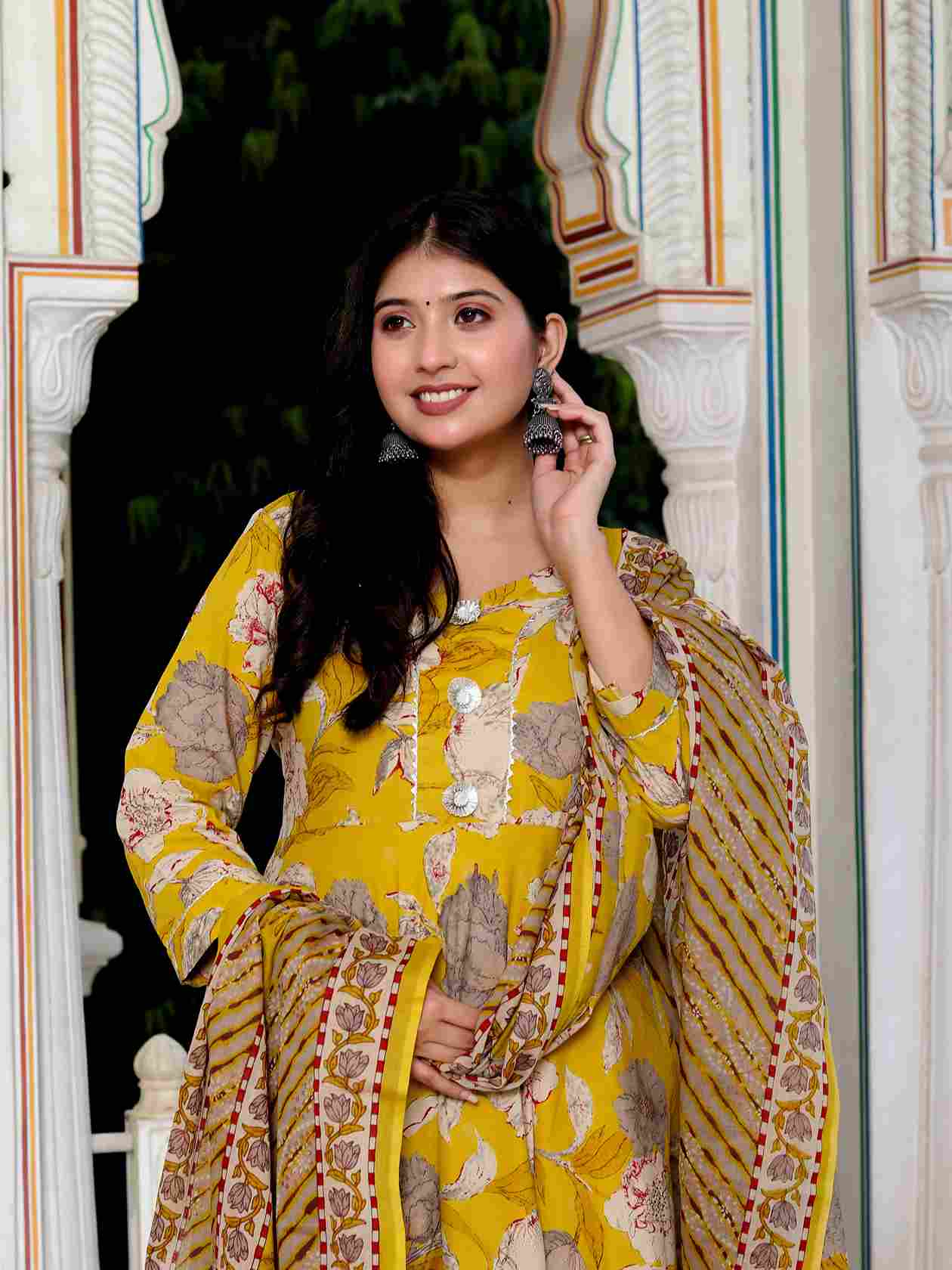 Yellow Cotton Anarkali Kurta and Dupatta Set with Gotapatti & Lace Border – Rajasthani Inspired Party Wear