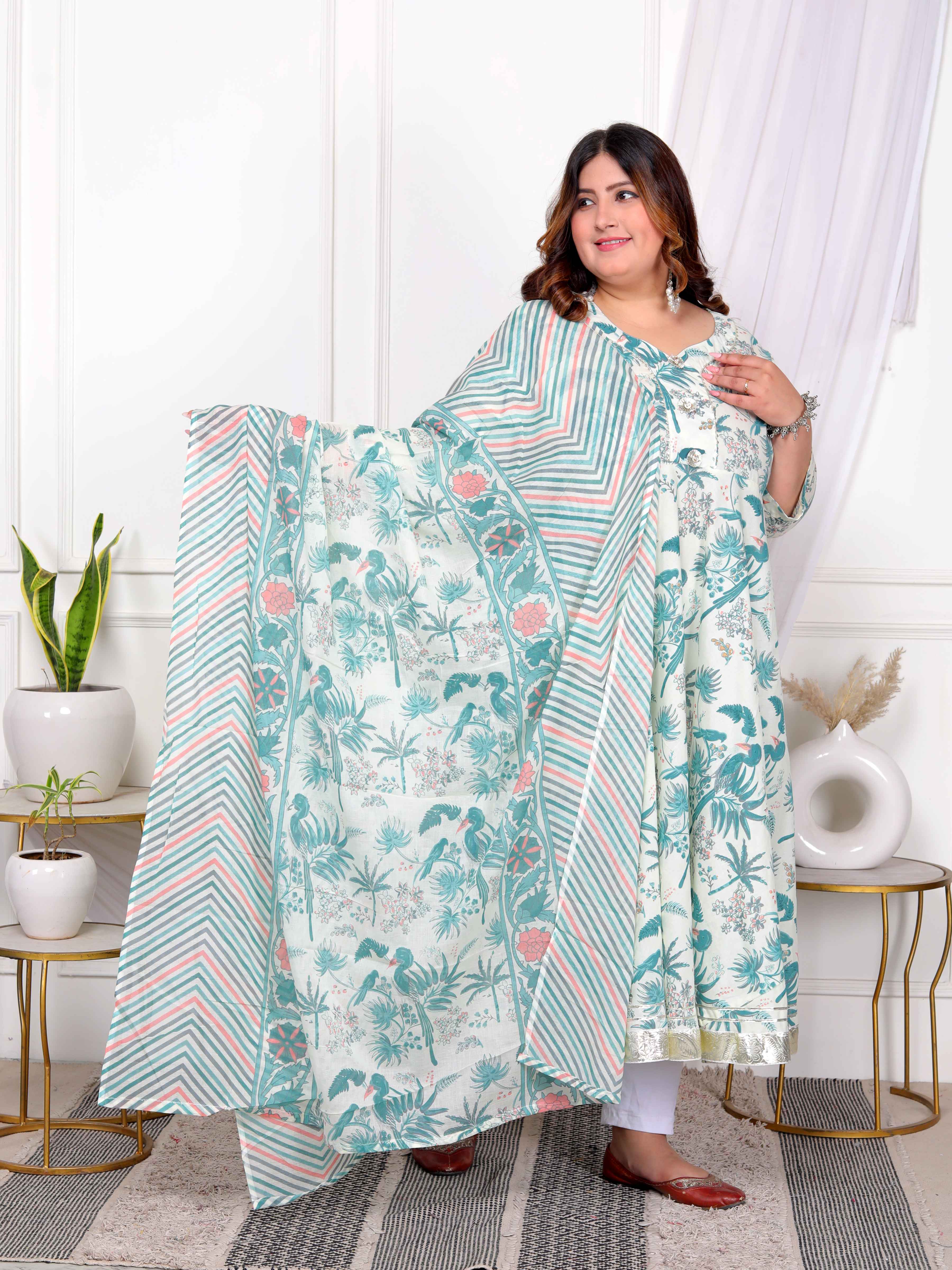 Light Green Floral Gota Lace Cotton Anarkali Kurta with Dupatta Set