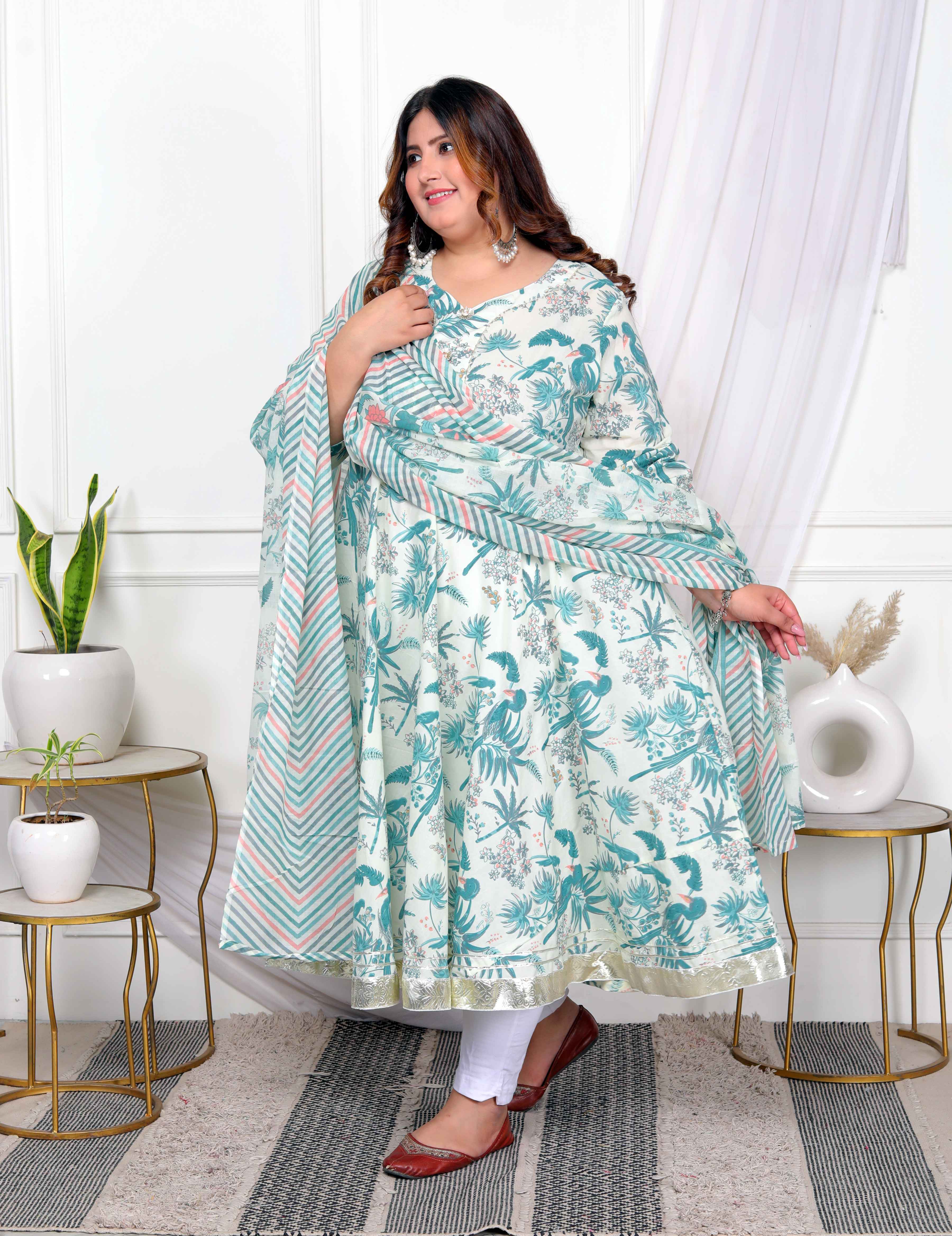 Light Green Floral Gota Lace Cotton Anarkali Kurta with Dupatta Set