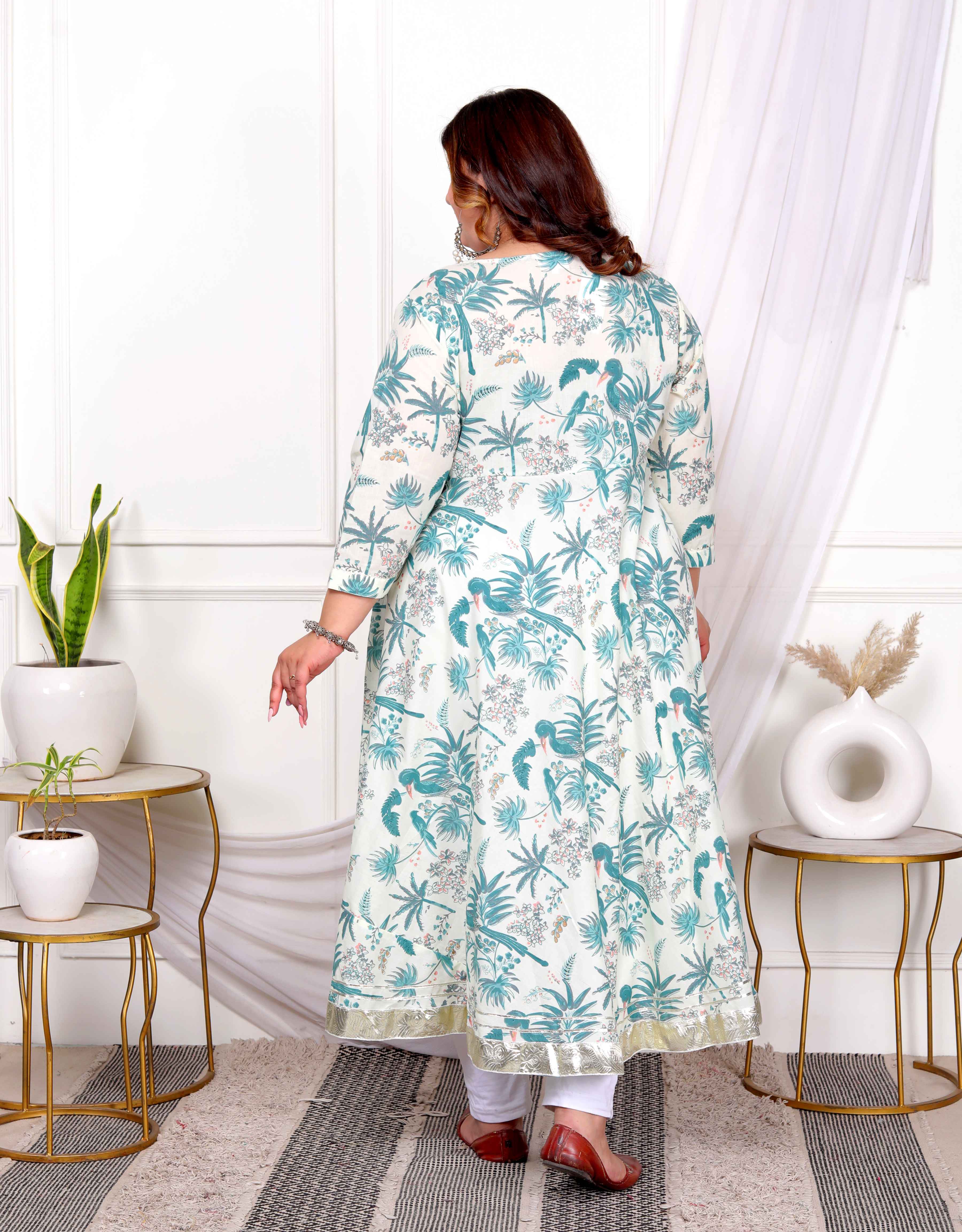 Light Green Floral Gota Lace Cotton Anarkali Kurta with Dupatta Set