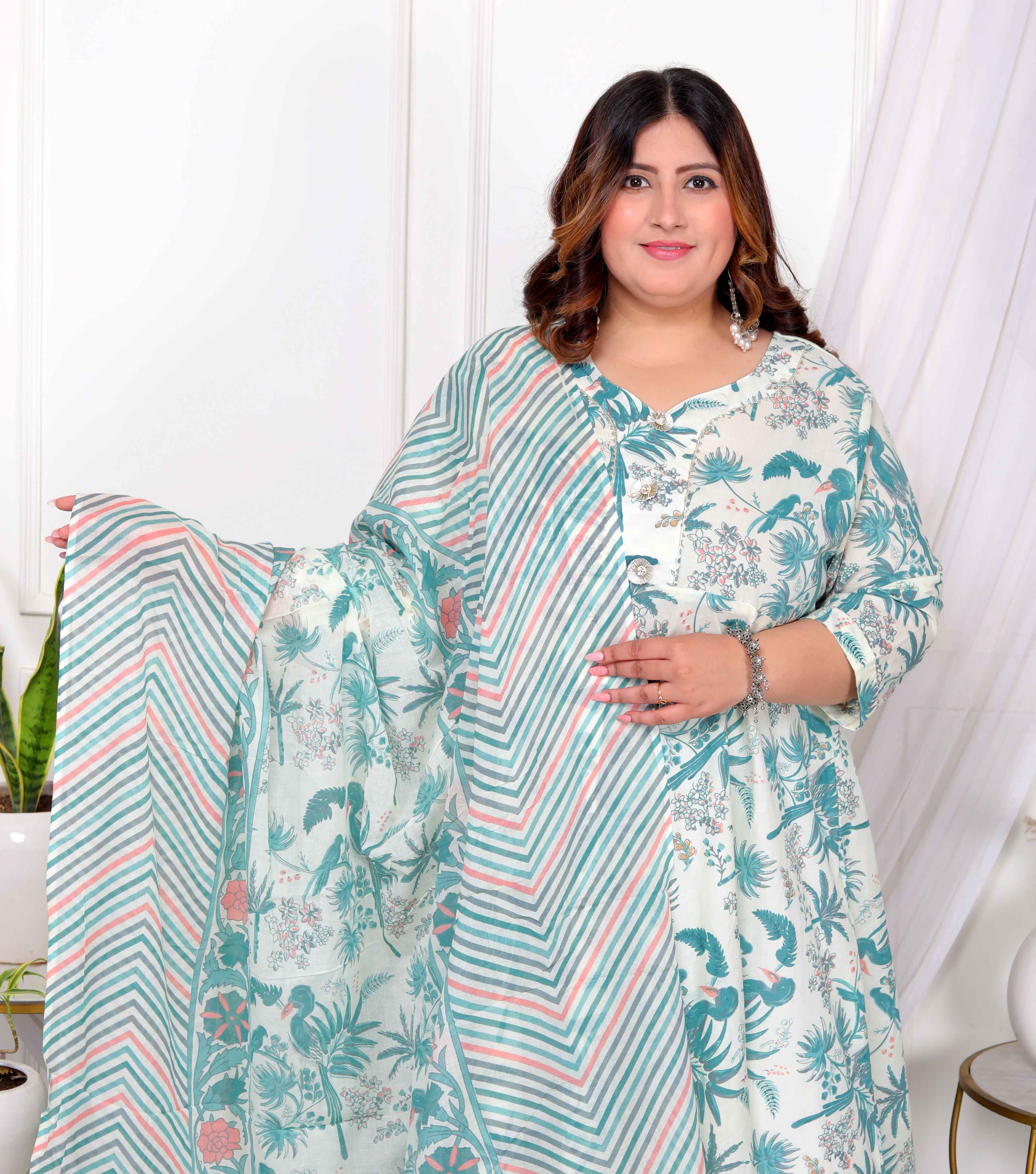 Light Green Floral Gota Lace Cotton Anarkali Kurta with Dupatta Set