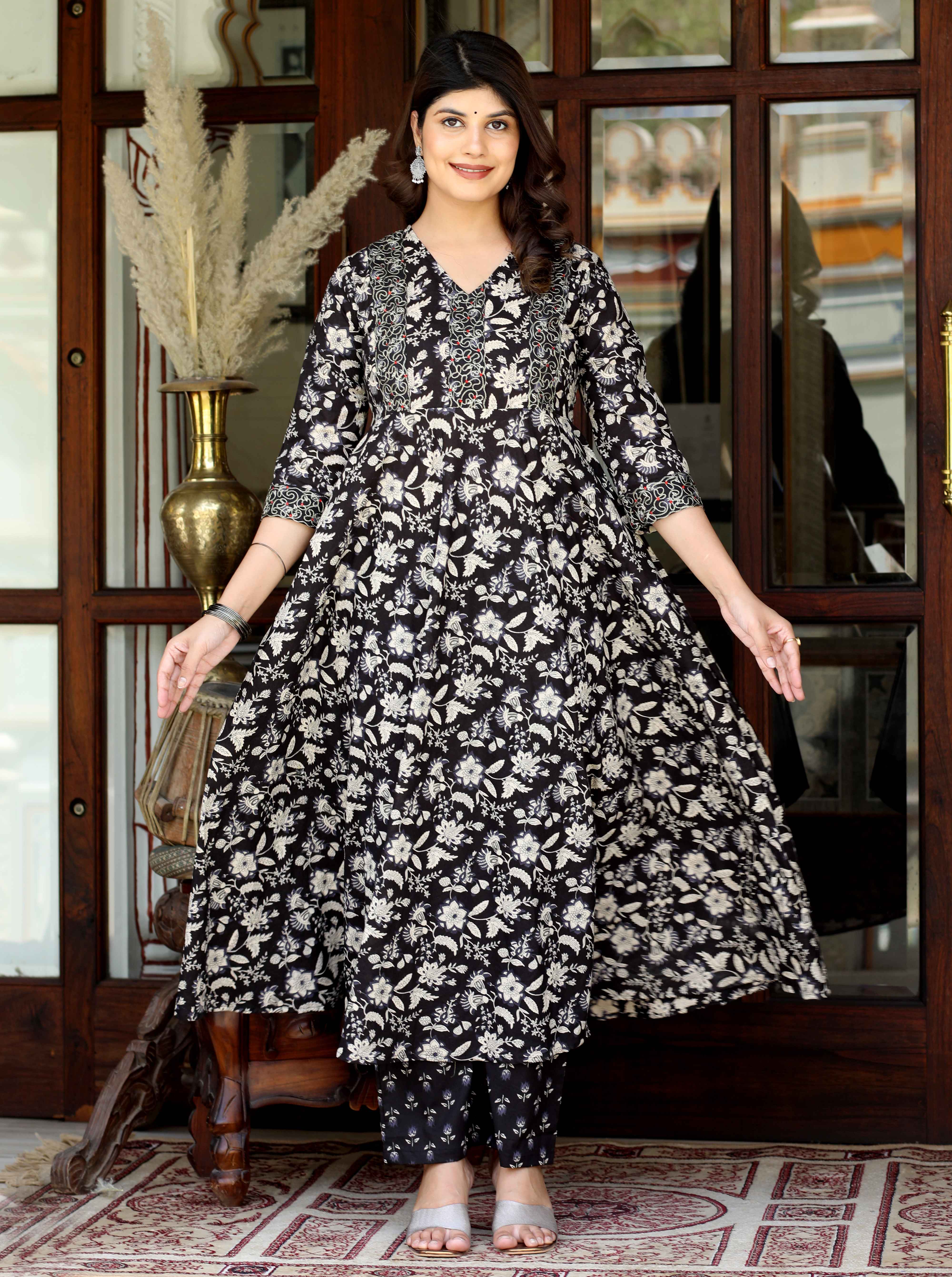 Womens Black Cotton Anarkali Kurta Embroidered Neck with Palazzo