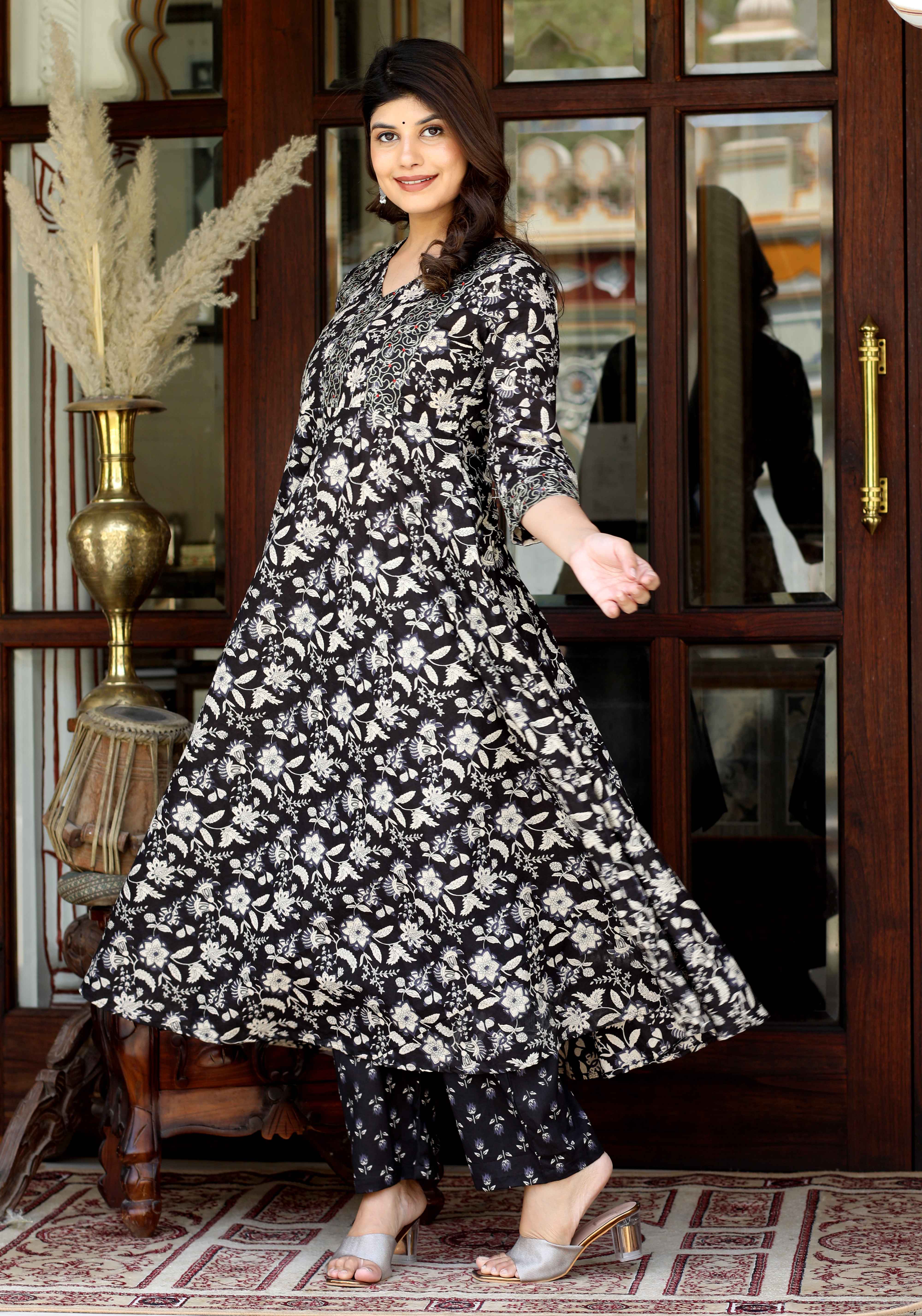 Womens Black Cotton Anarkali Kurta Embroidered Neck with Palazzo