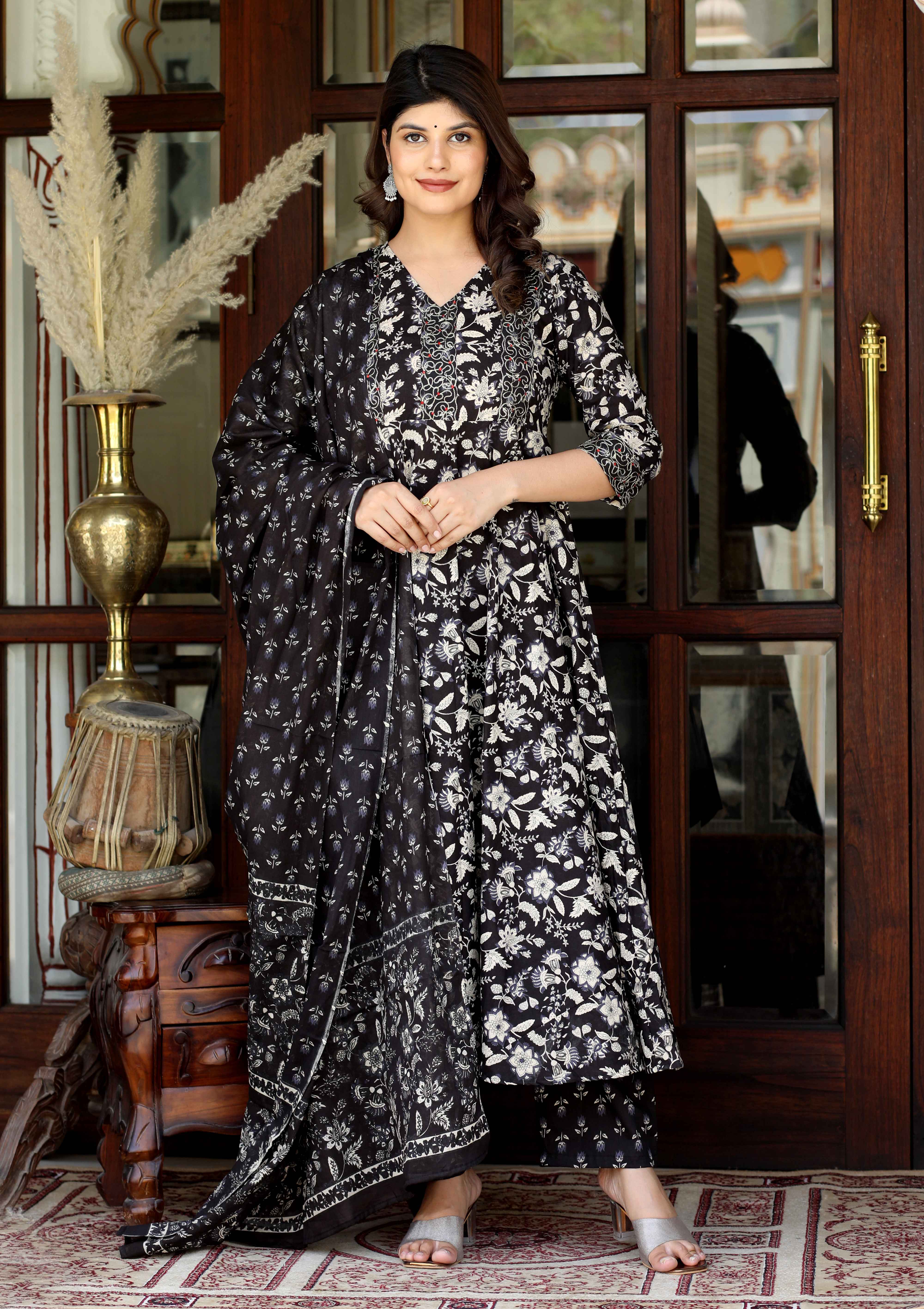 Black Cotton Embroidered Anarkali Kurta Set with Floral Print Dupatta