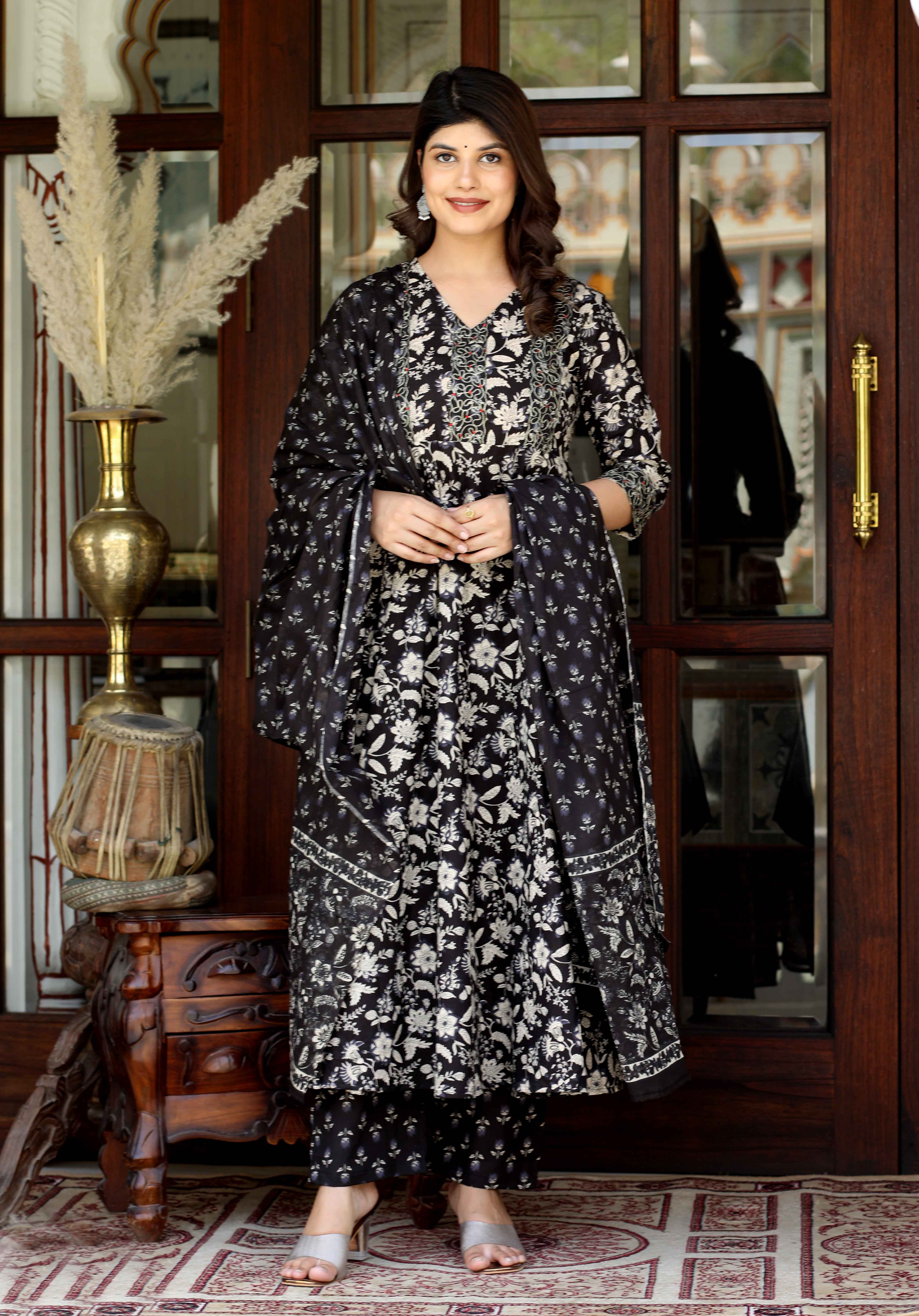 Black Cotton Embroidered Anarkali Kurta Set with Floral Print Dupatta