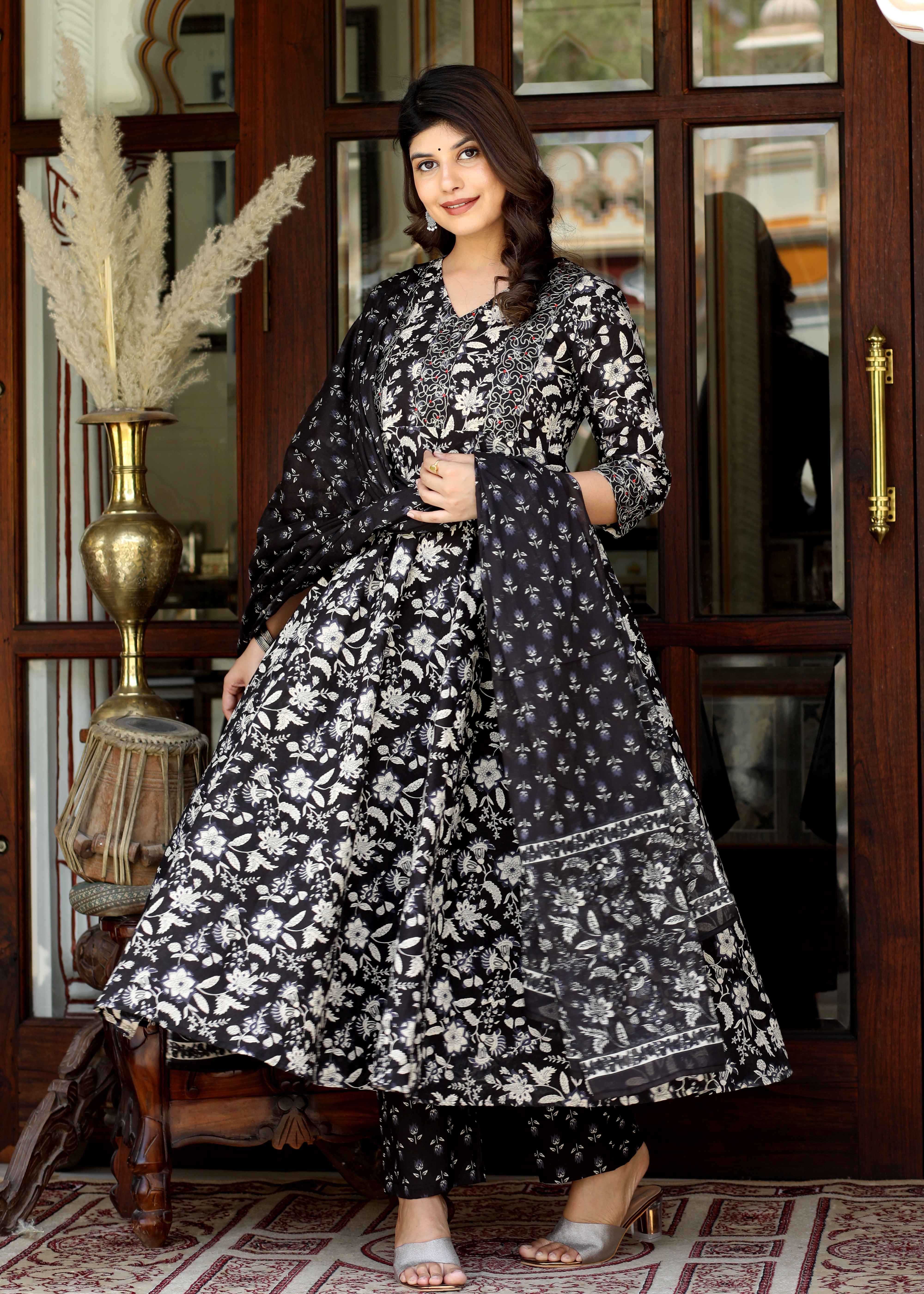 Black Cotton Embroidered Anarkali Kurta Set with Floral Print Dupatta
