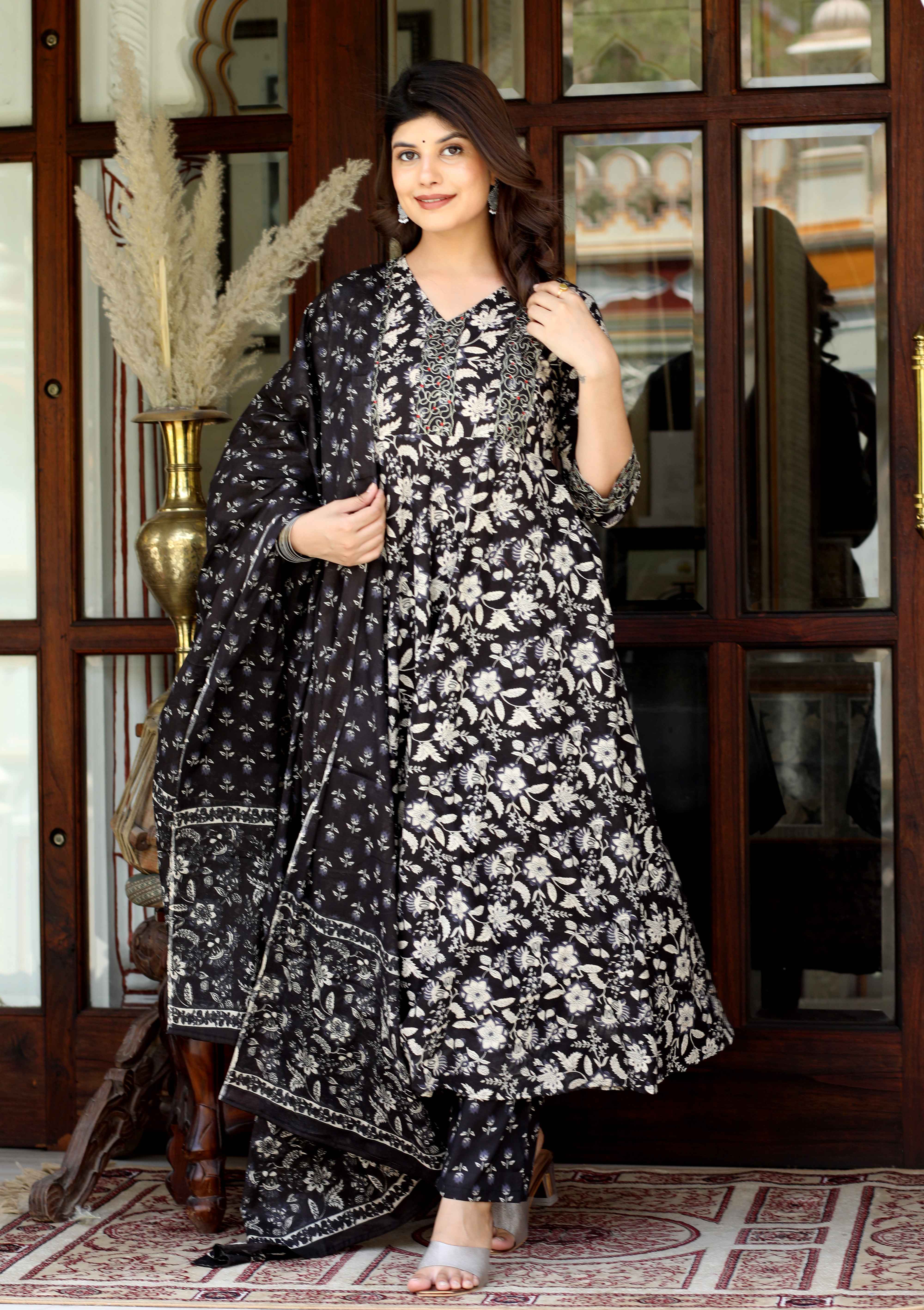 Black Cotton Embroidered Anarkali Kurta Set with Floral Print Dupatta