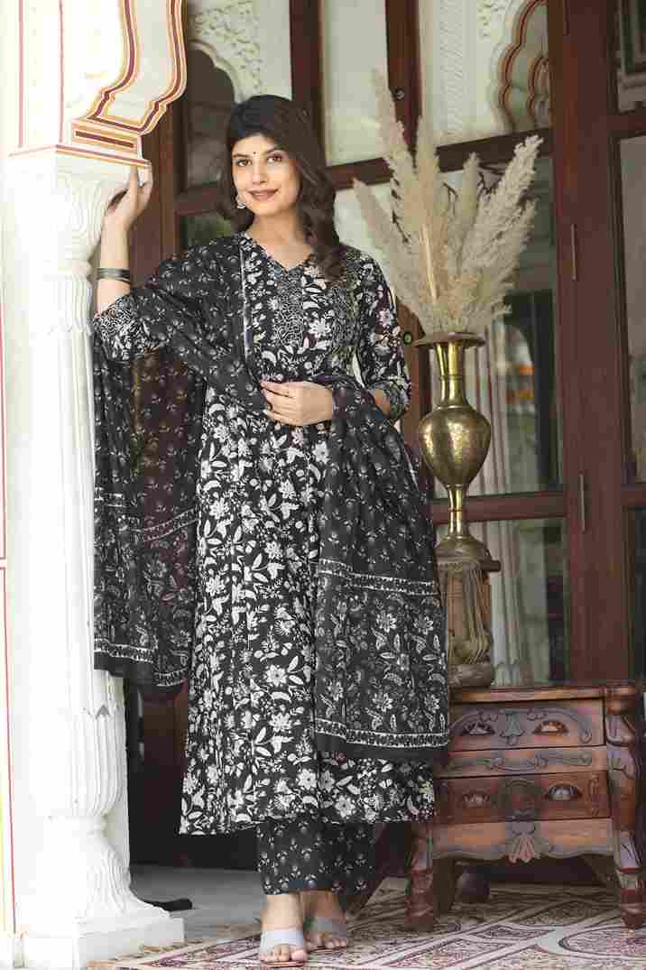 Black Cotton Embroidered Anarkali Kurta Set with Floral Print Dupatta