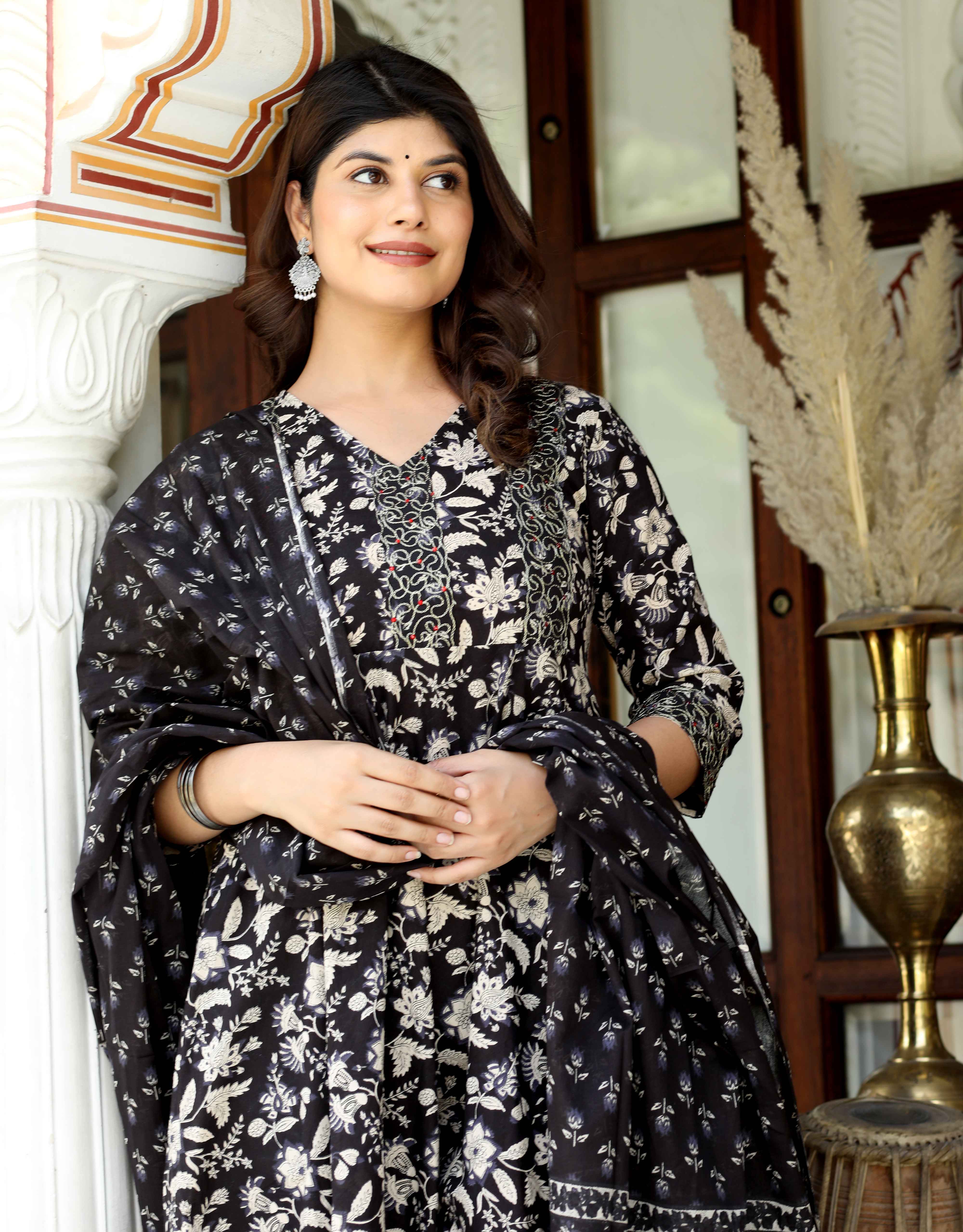 Black Cotton Embroidered Anarkali Kurta Set with Floral Print Dupatta