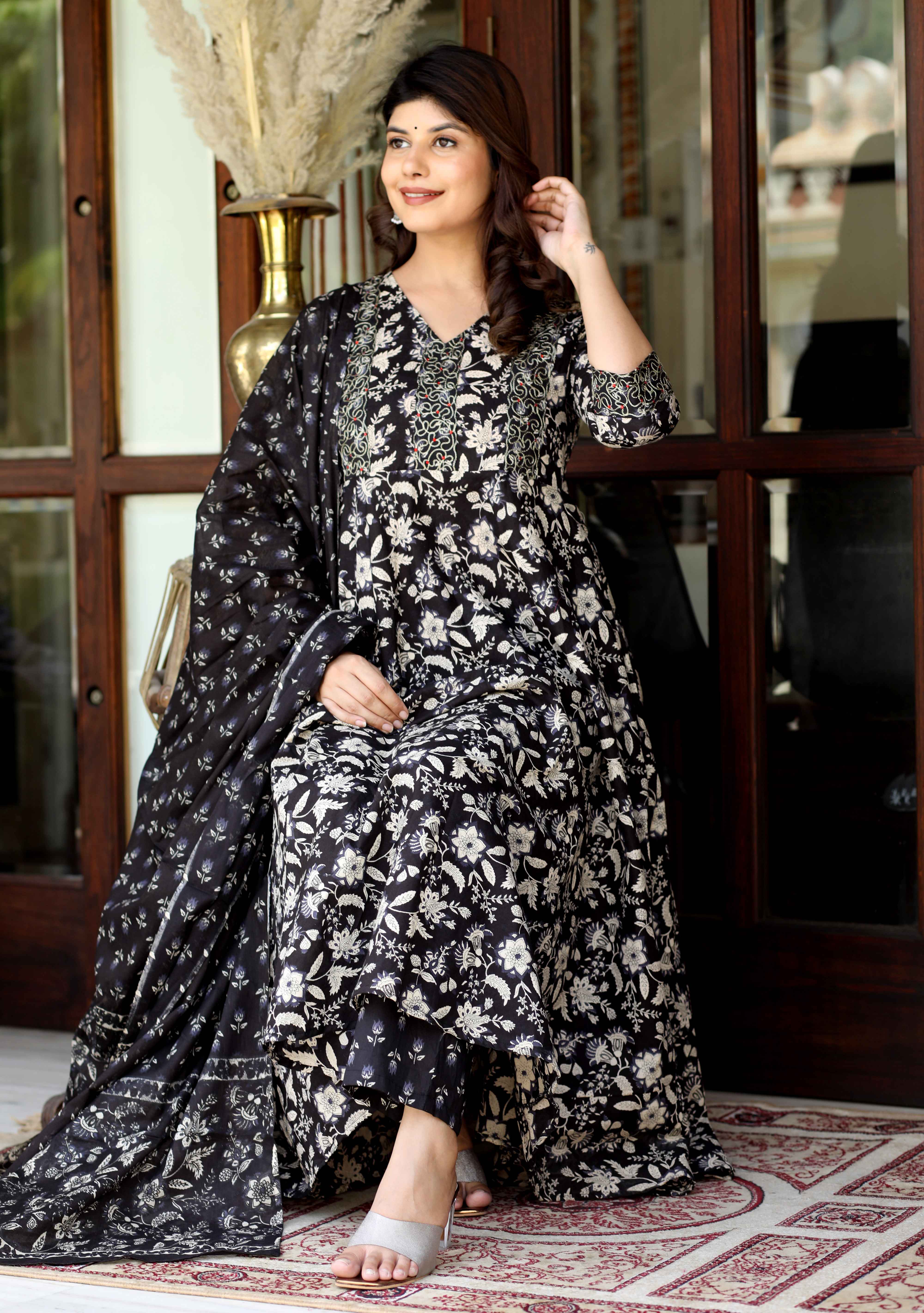 Black Cotton Embroidered Anarkali Kurta Set with Floral Print Dupatta