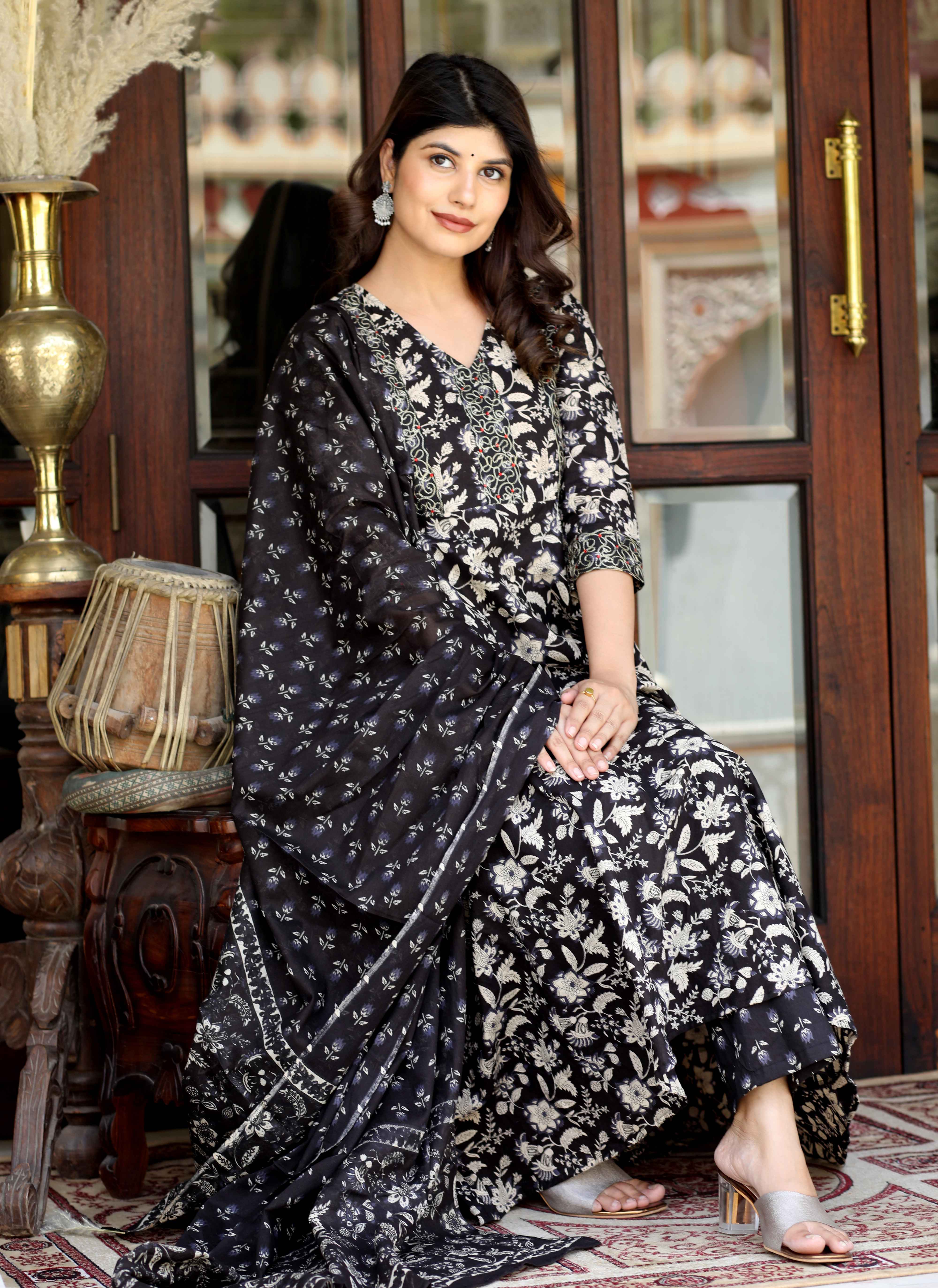 Black Cotton Embroidered Anarkali Kurta Set with Floral Print Dupatta