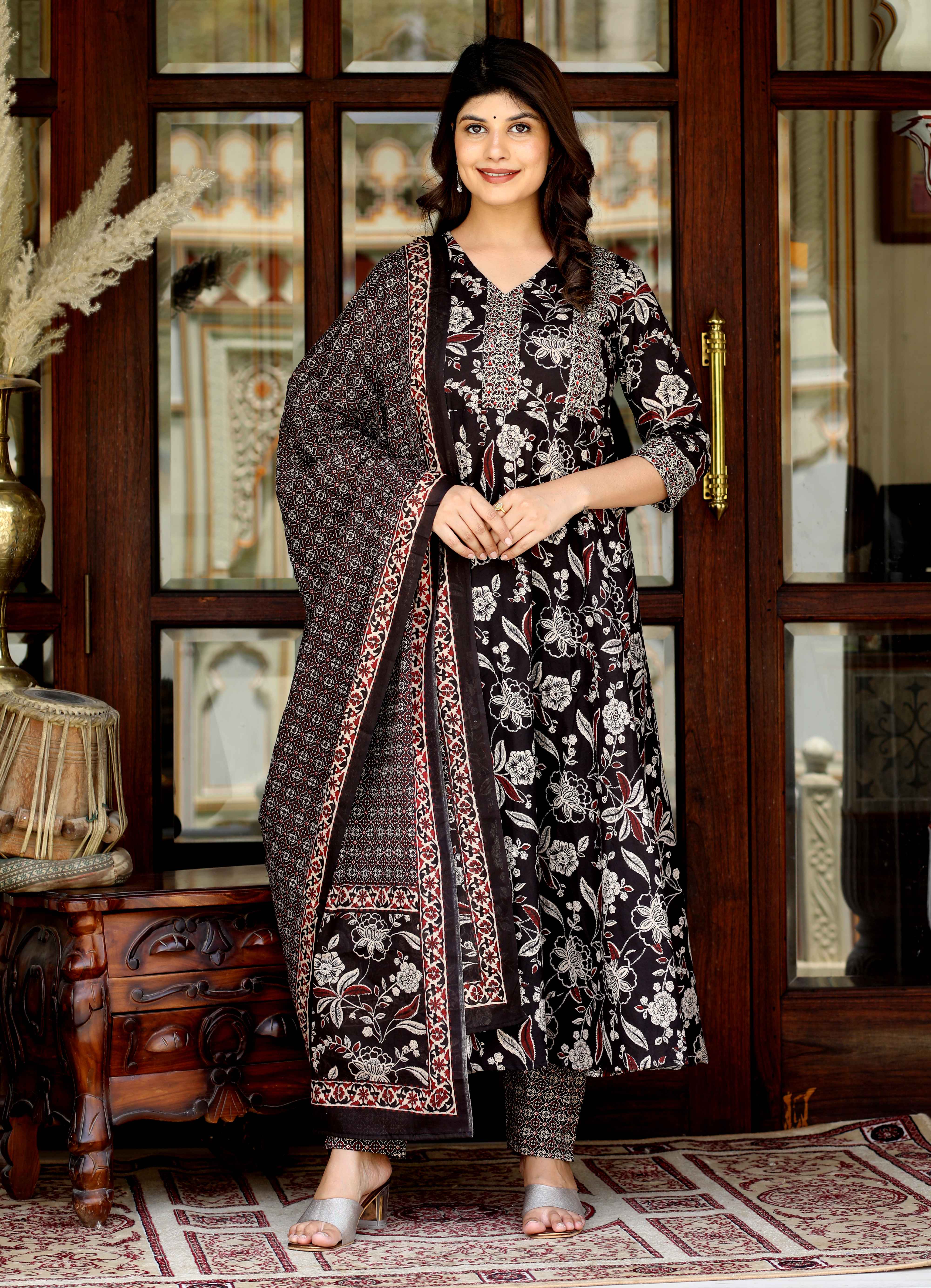 Womens Yoke Embroidery Anarkali Kurta With Dupatta and Palazzo Set