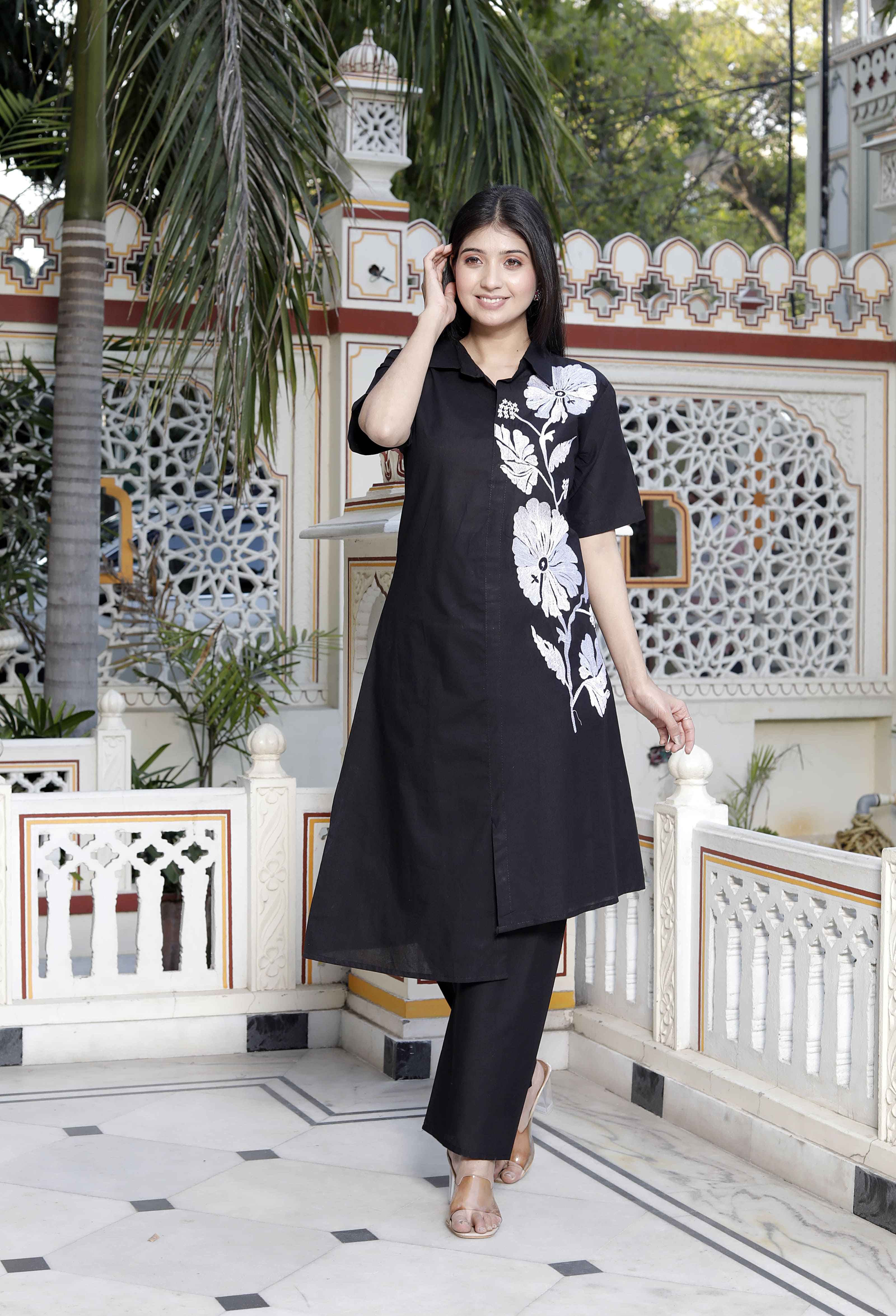 Black Floral Cotton High-Low Co-Ord Set with Embroidered Detailing