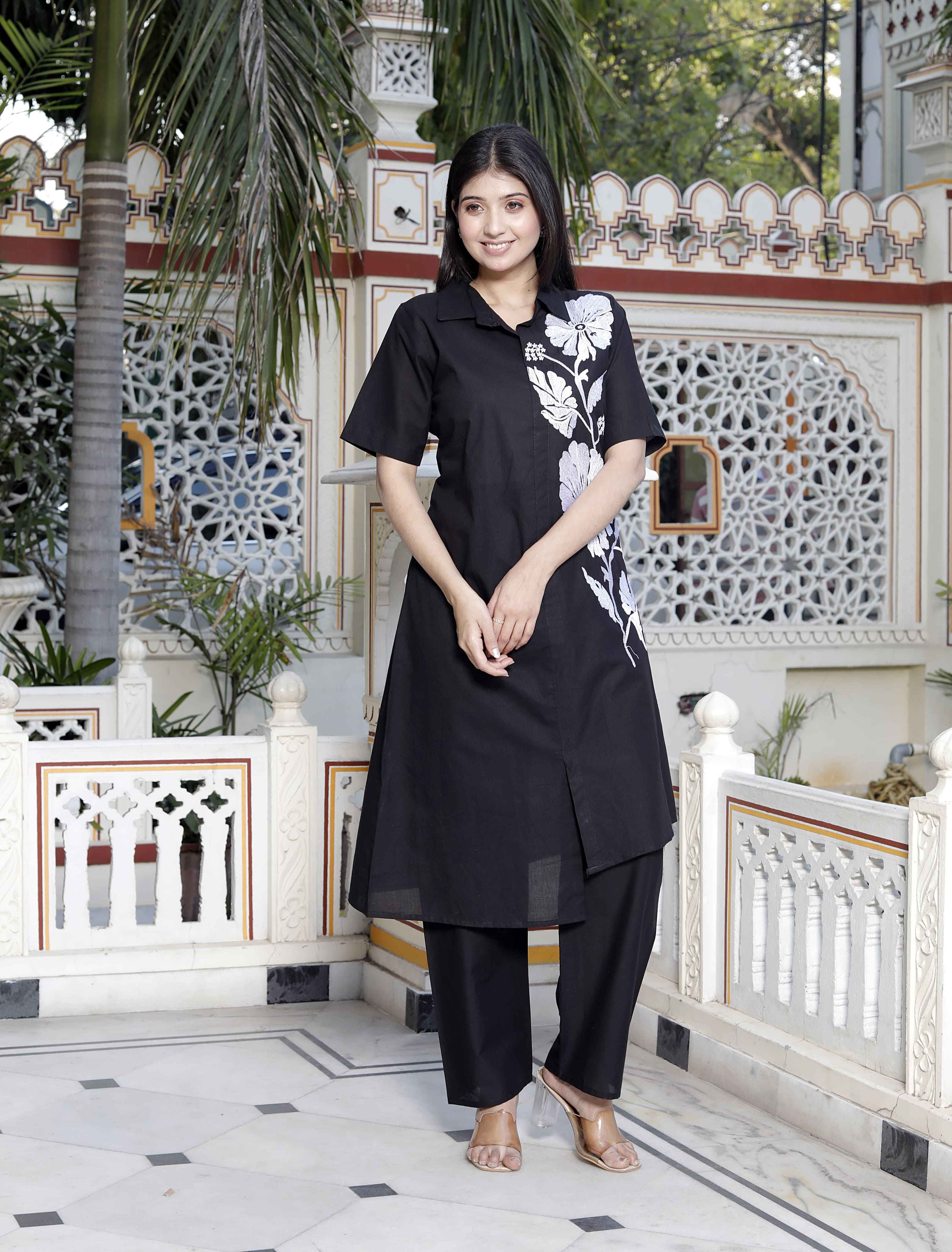 Black Floral Cotton High-Low Co-Ord Set with Embroidered Detailing