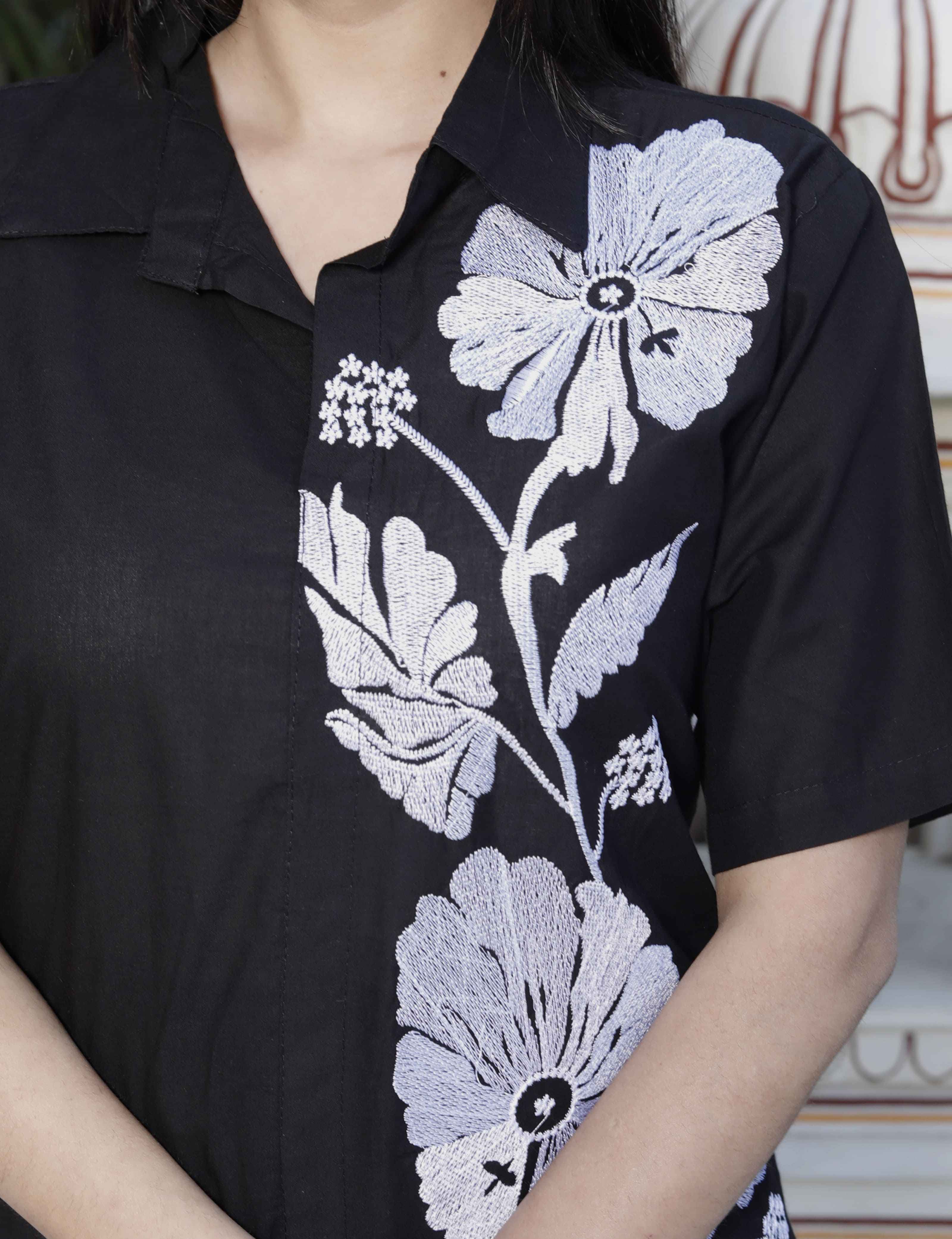 Black Floral Cotton High-Low Co-Ord Set with Embroidered Detailing