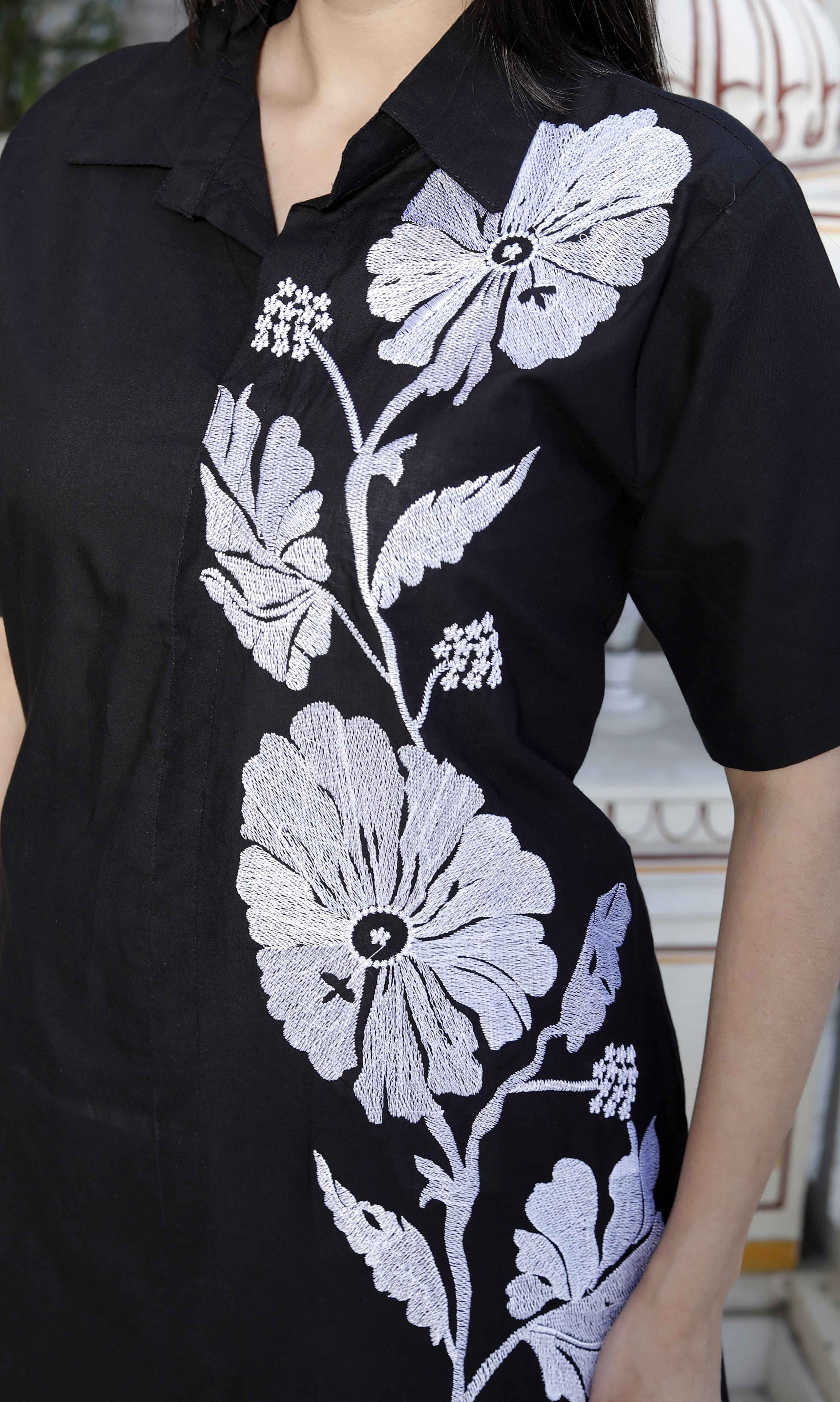 Black Floral Cotton High-Low Co-Ord Set with Embroidered Detailing