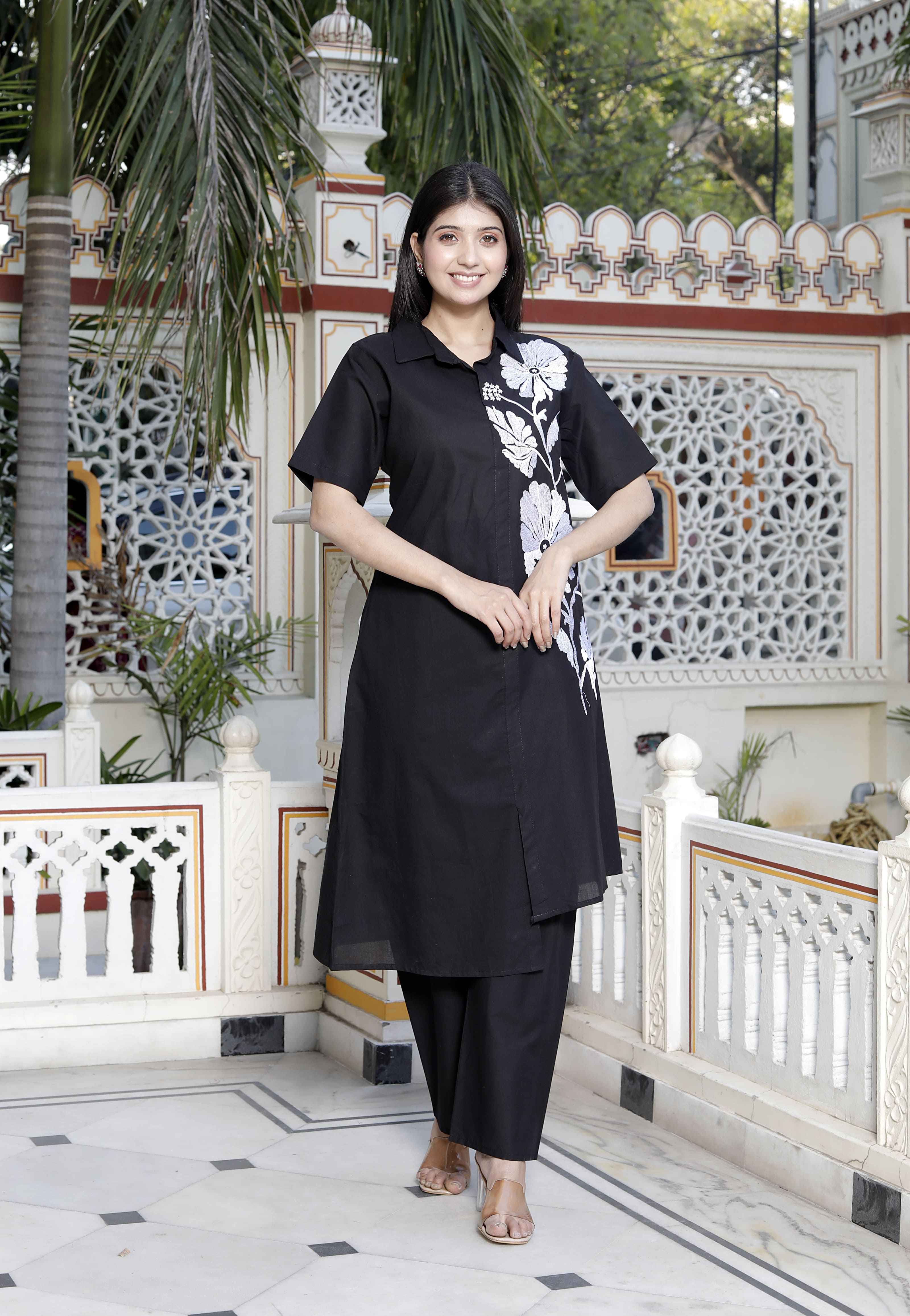 Black Floral Cotton High-Low Co-Ord Set with Embroidered Detailing