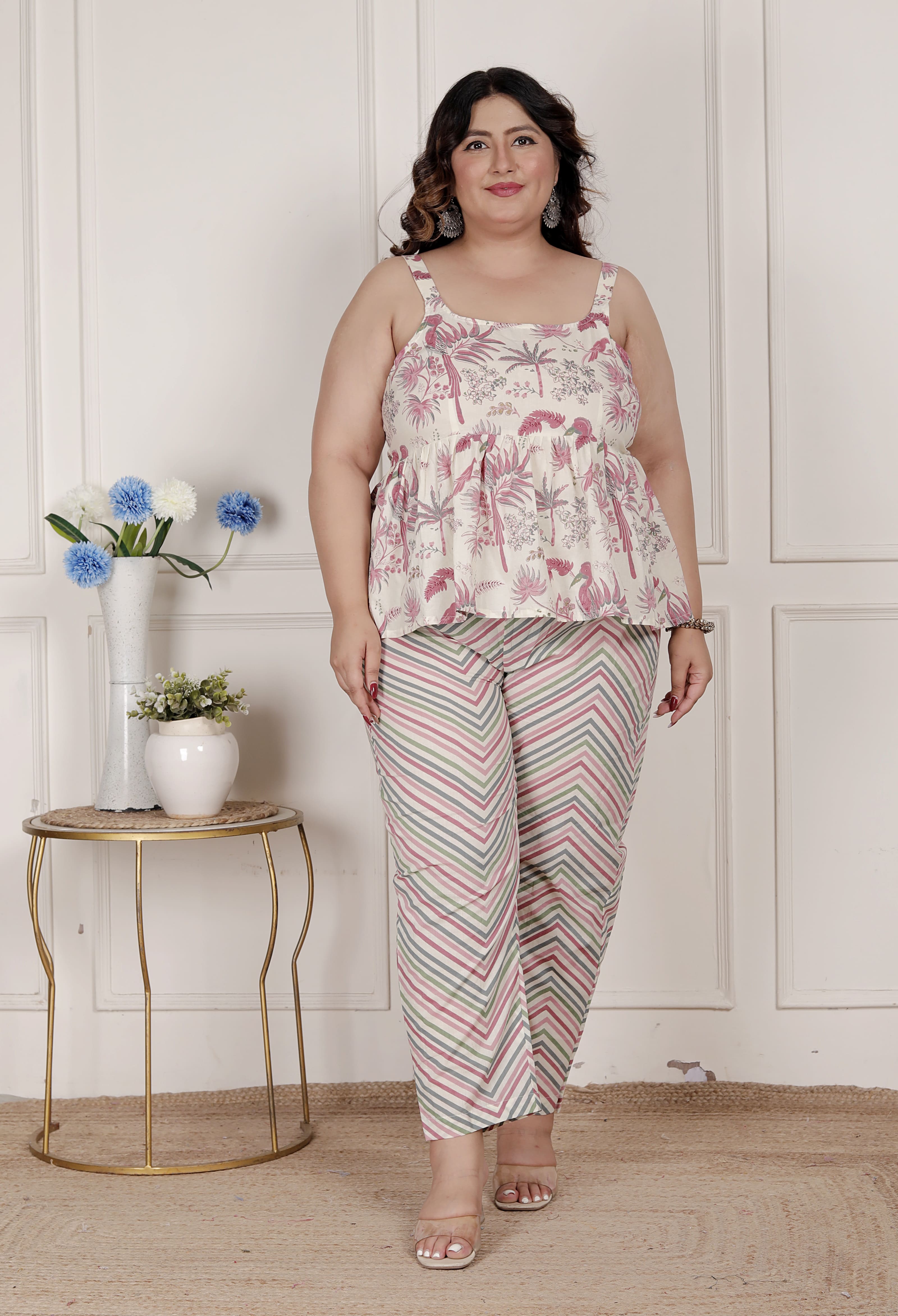 Pink Cotton Printed Night Dress with Palazzo Set