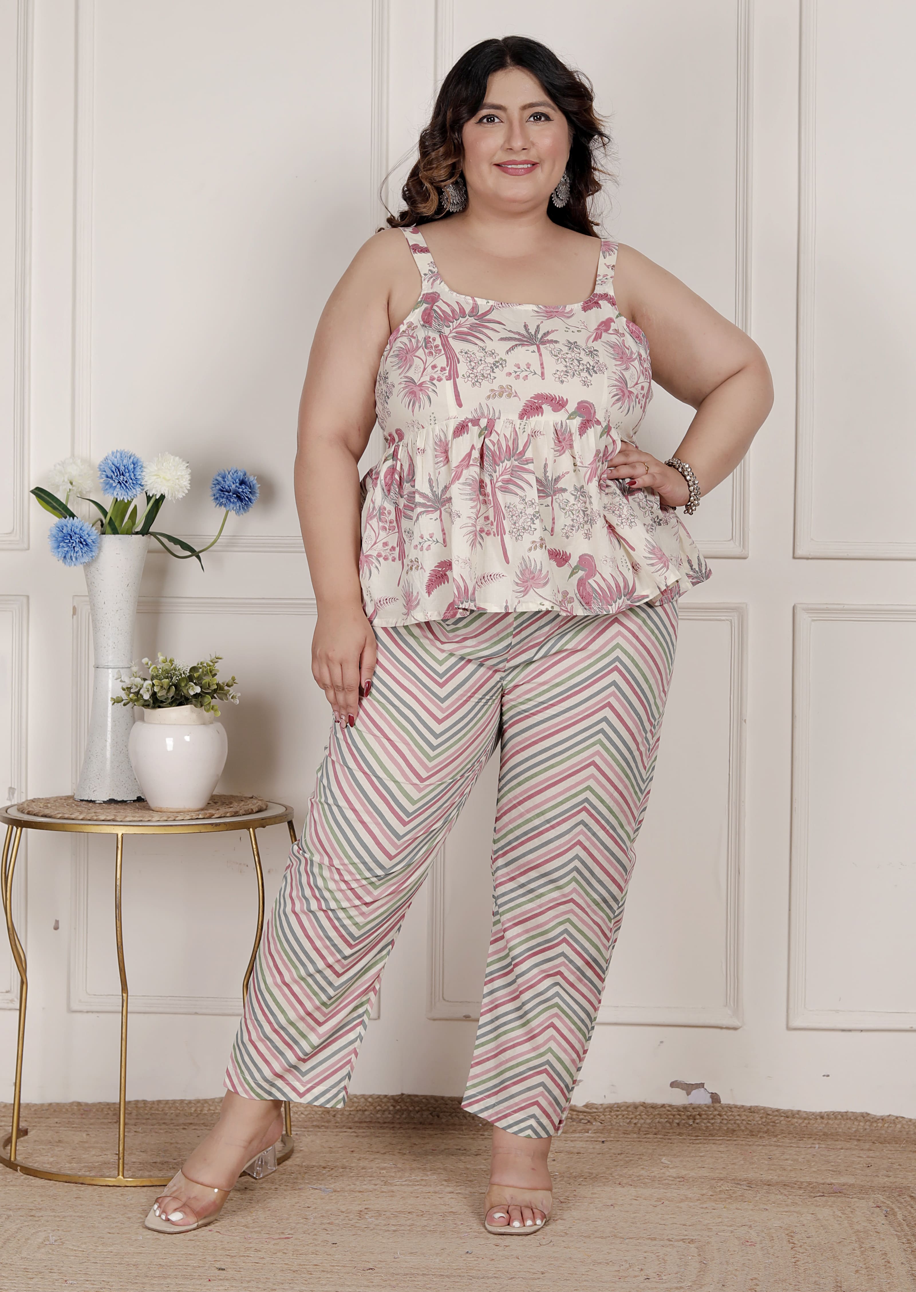 Pink Cotton Printed Night Dress with Palazzo Set