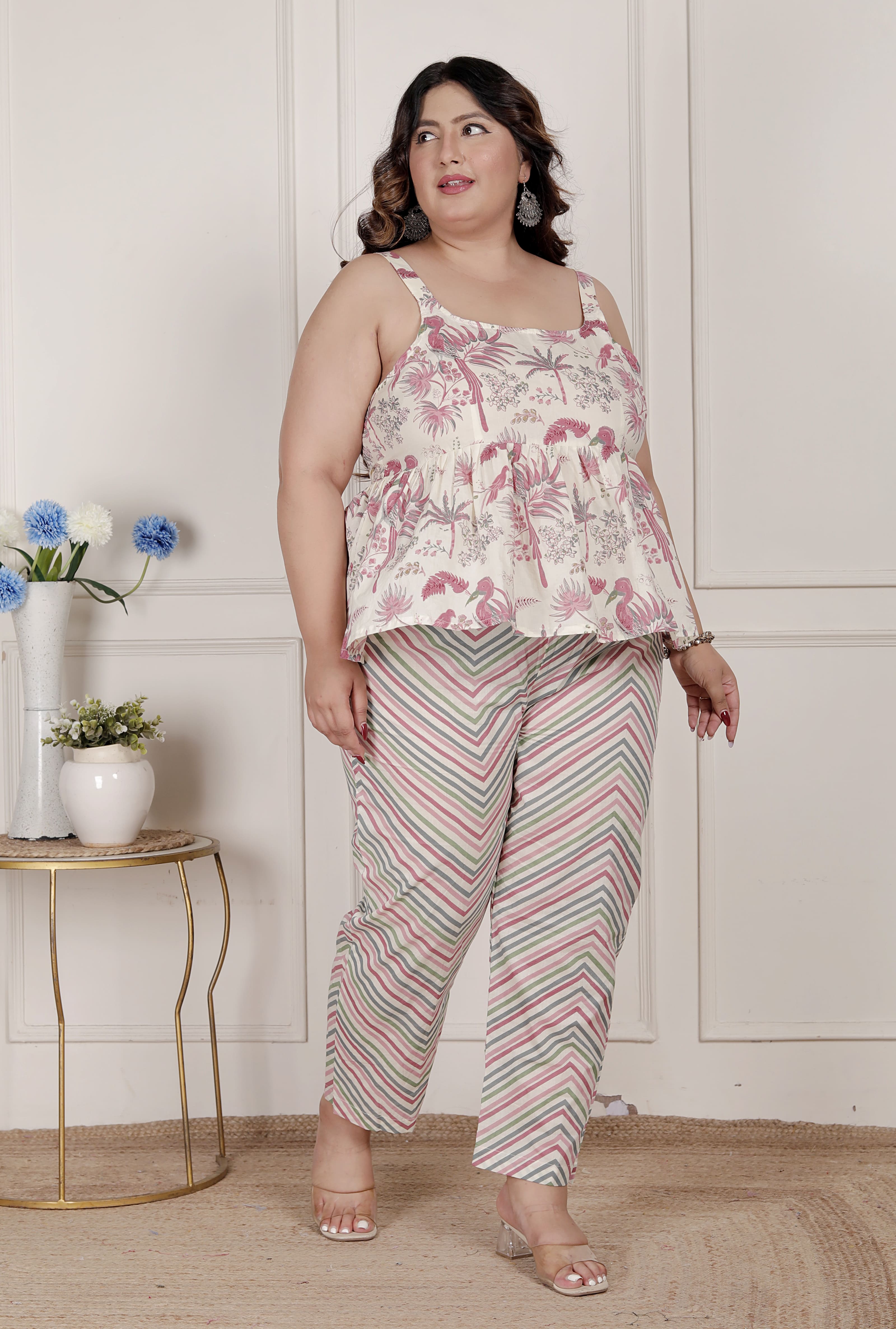 Pink Cotton Printed Night Dress with Palazzo Set