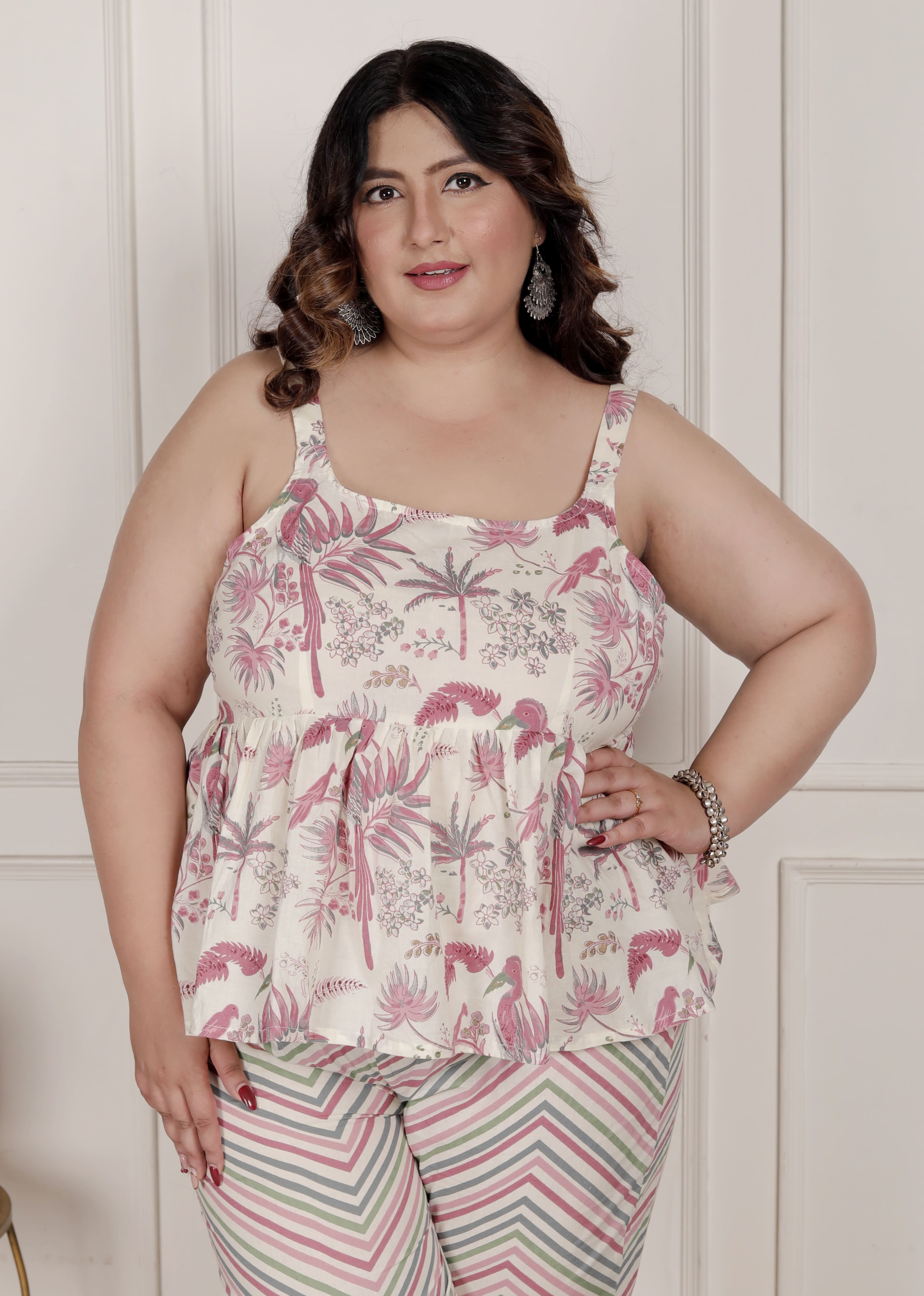 Pink Cotton Printed Night Dress with Palazzo Set