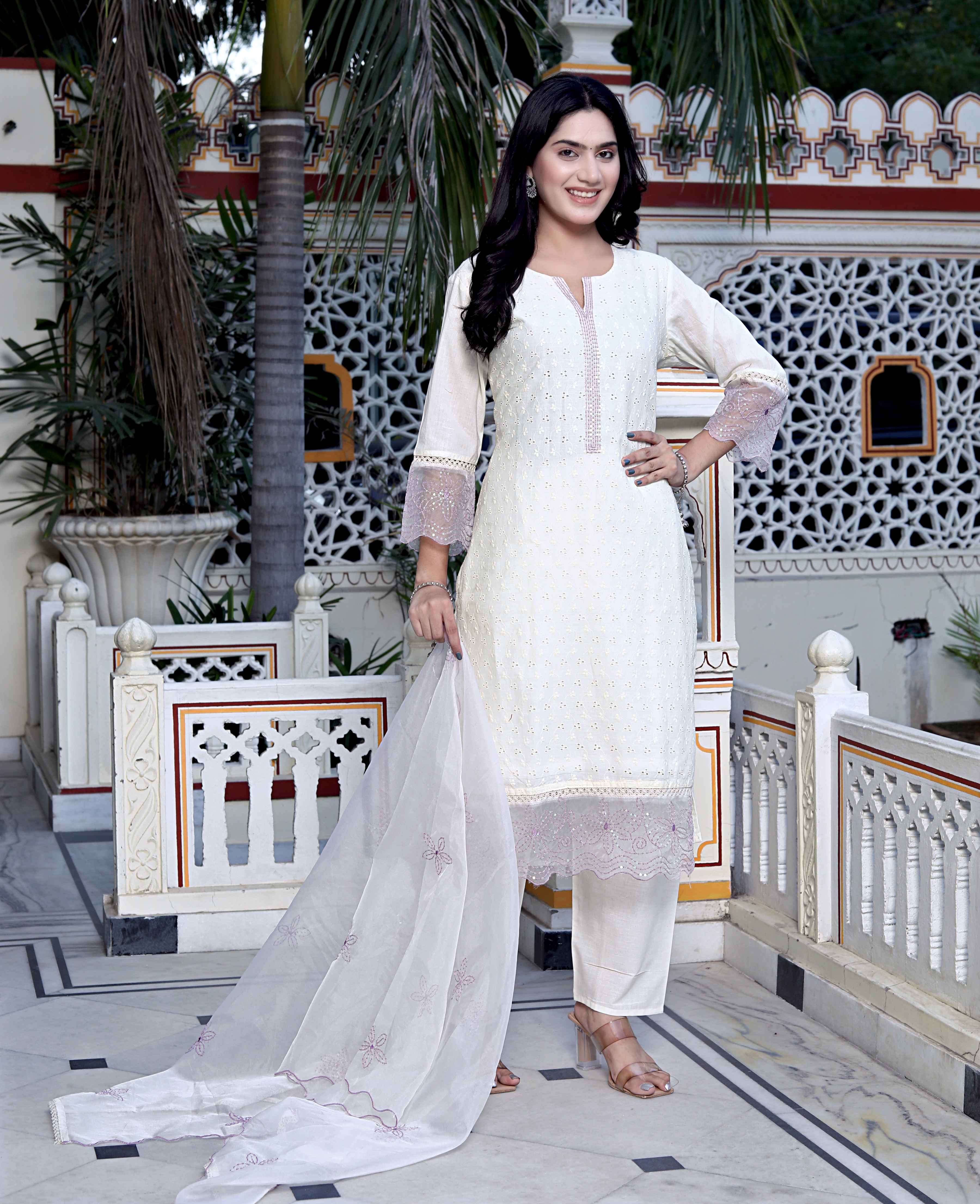 Beige Organza Chikankari Kurta with Purple Sequence Palazzo & Dupatta Set