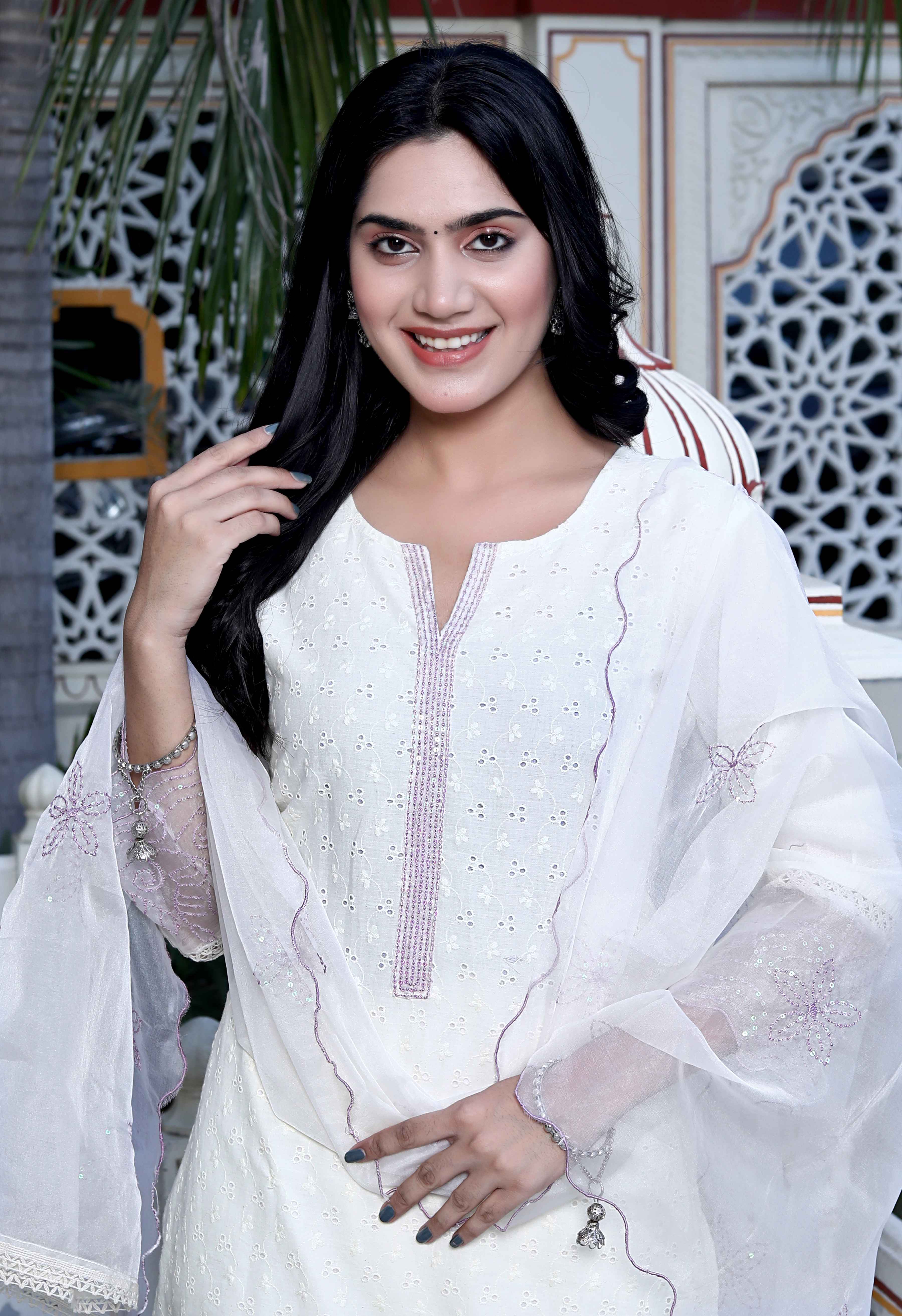 Beige Organza Chikankari Kurta with Purple Sequence Palazzo & Dupatta Set