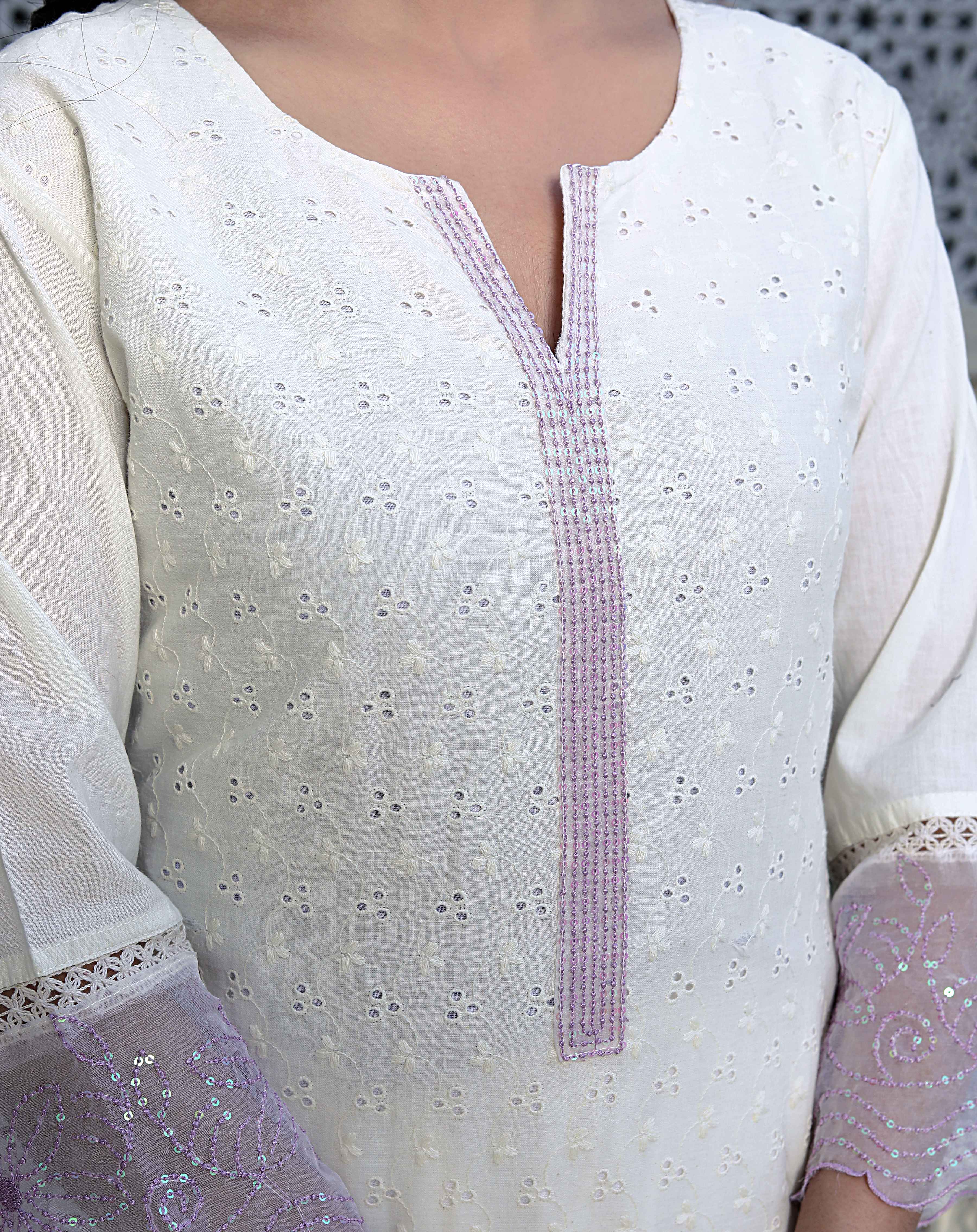 Beige Organza Chikankari Kurta with Purple Sequence Palazzo & Dupatta Set