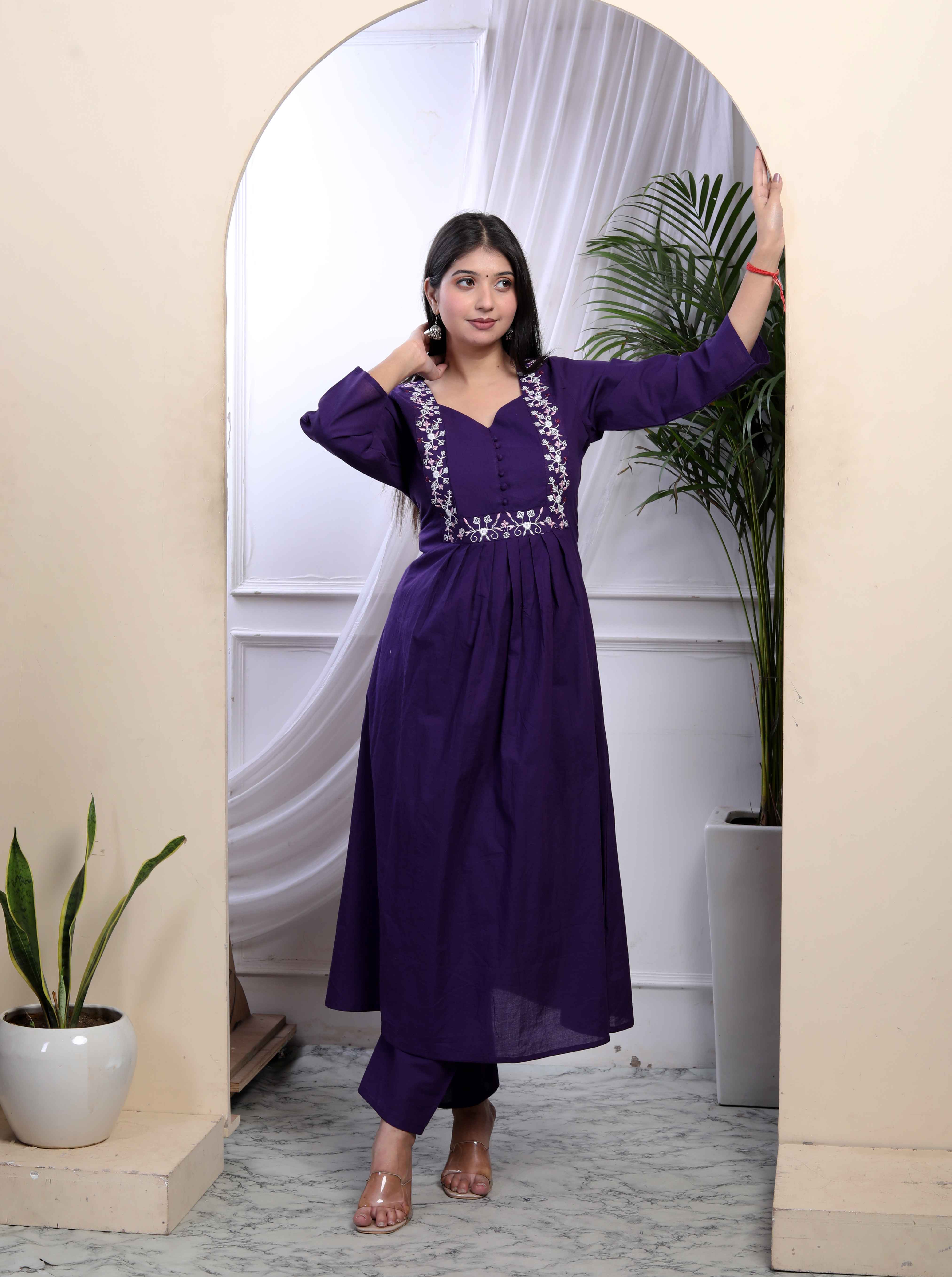 Womens Purple Embroidered Sweetheart Neck & Accordion Pleated Solid A-Line Kurta And Palazzo Set