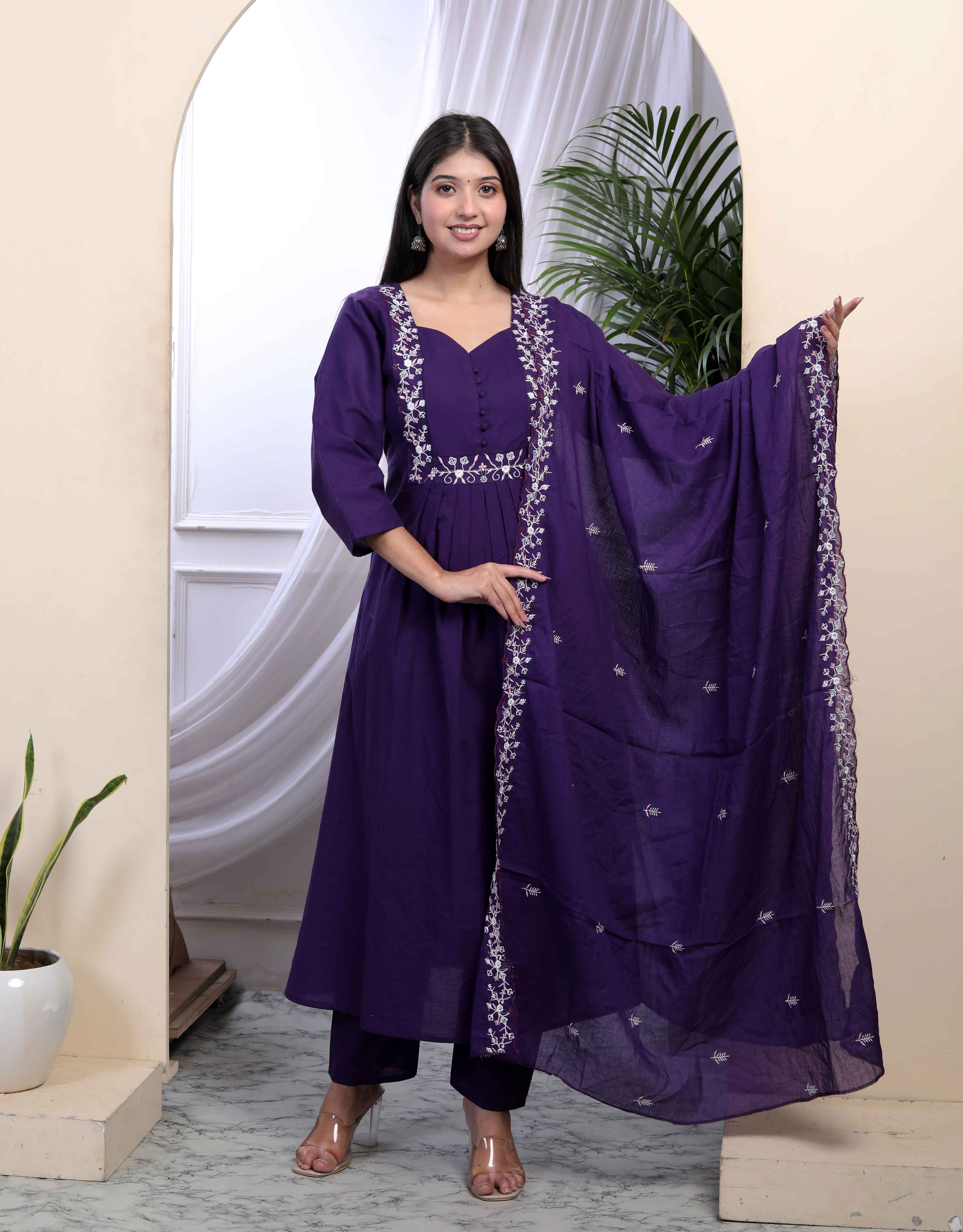 Purple Embroidered Cotton Kurta with Palazzo & Dupatta Set