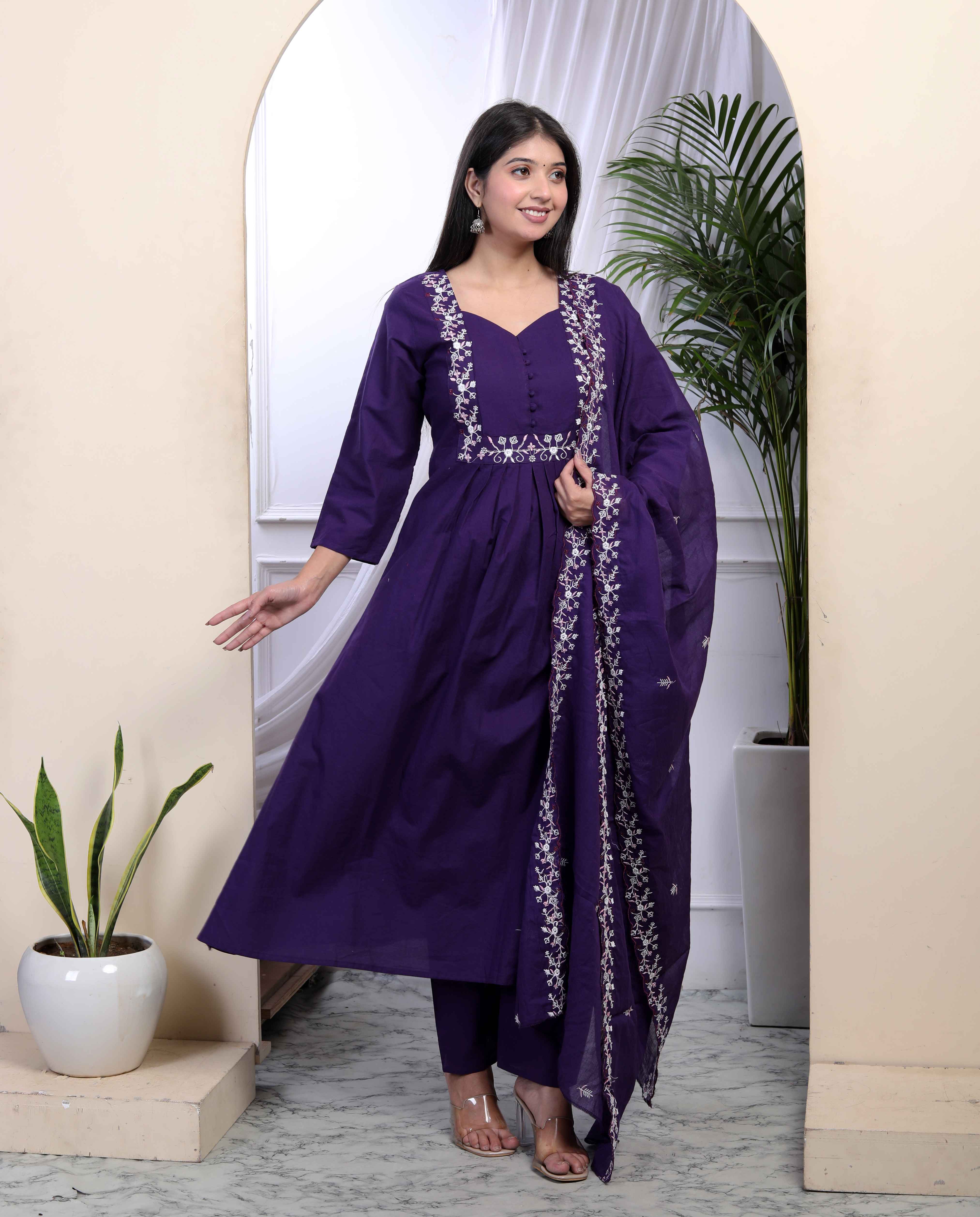 Womens Cotton Purple A-Line Kurta With Embroidered Neck And Palazzo With Embroidered Dupatta Set