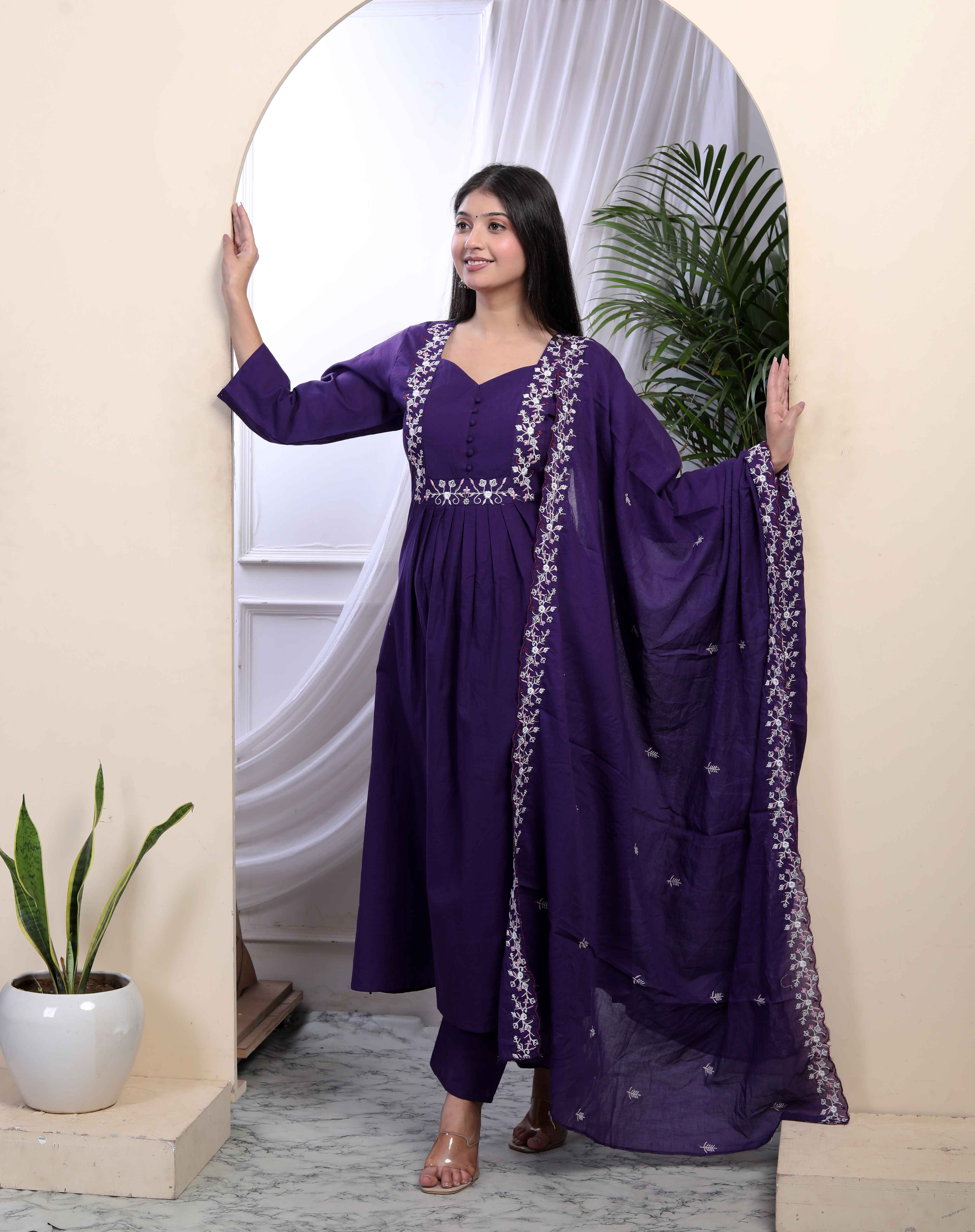 Purple Embroidered Cotton Kurta with Palazzo & Dupatta Set